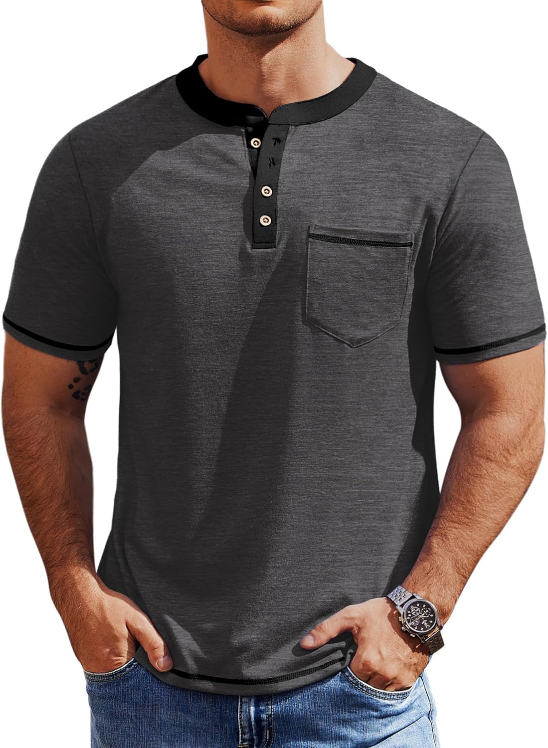 COOFANDY Mens Henley Shirts Short Sleeve Casual Button T-Shirts Basic Tee Shirts Summer Vintage T Shirts with Pocket