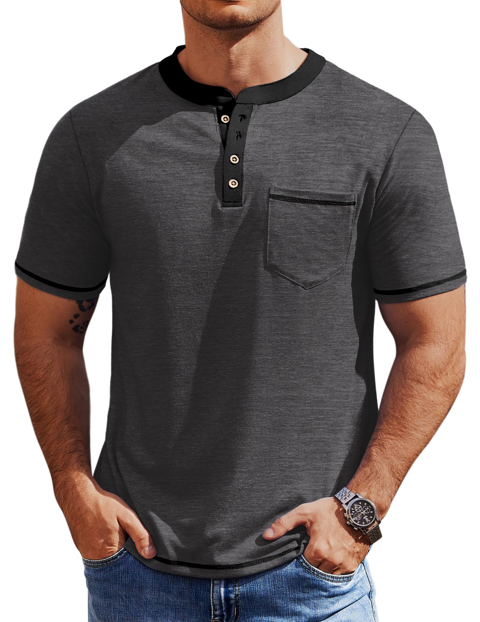 COOFANDY Mens Henley Shirts Short Sleeve Casual Button T-Shirts Basic Tee Shirts Summer Vintage T Shirts with Pocket