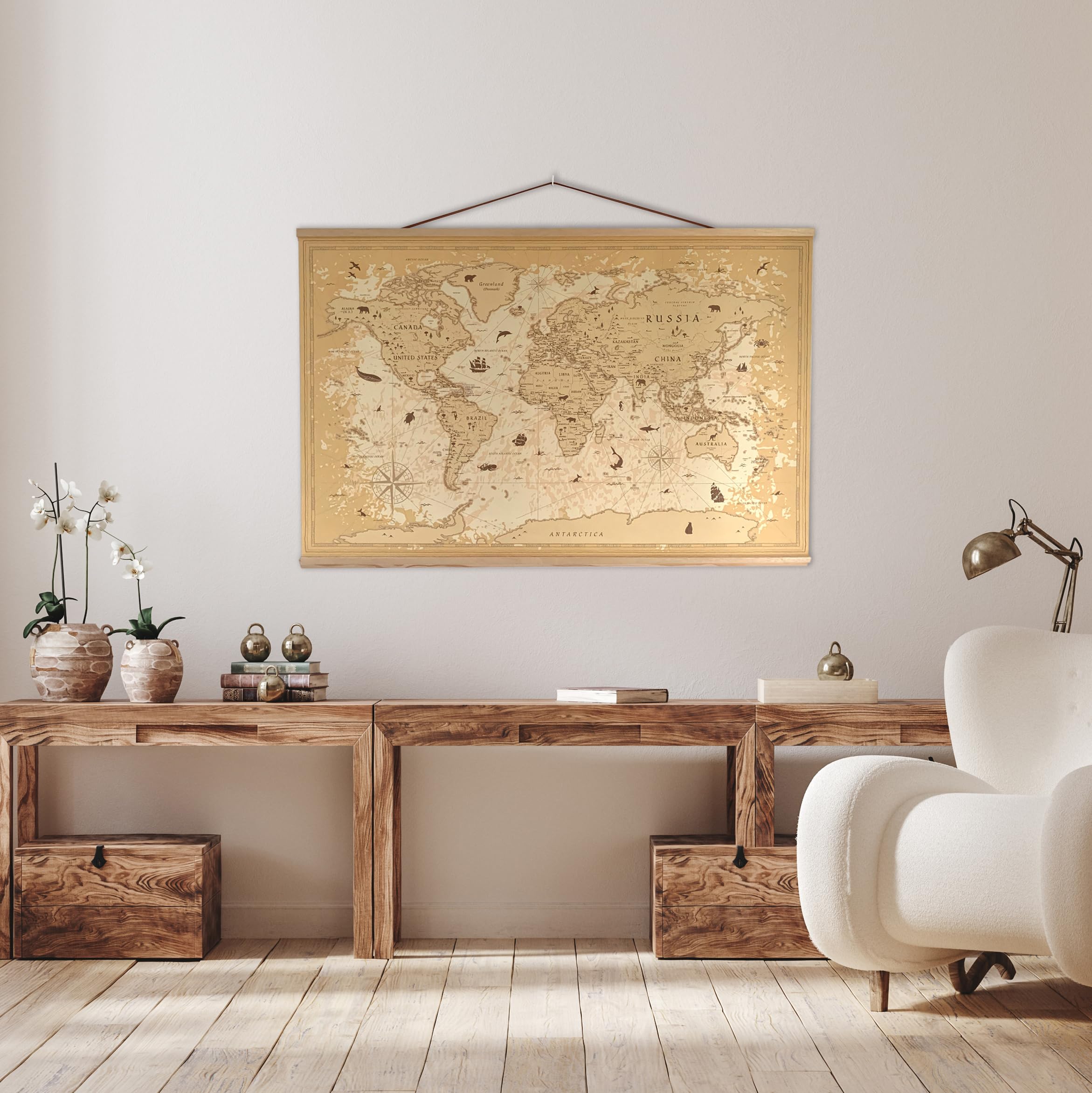 Mapa Mundi en tonos marrones - Impreso tela 370gr/m2 con textura/Lienzo - Mapamundi Tamaño 135x89,5cm - Mapa del Mundo Gigante con textos en inglés - Cuadro Mapa Mundi Pared Grande