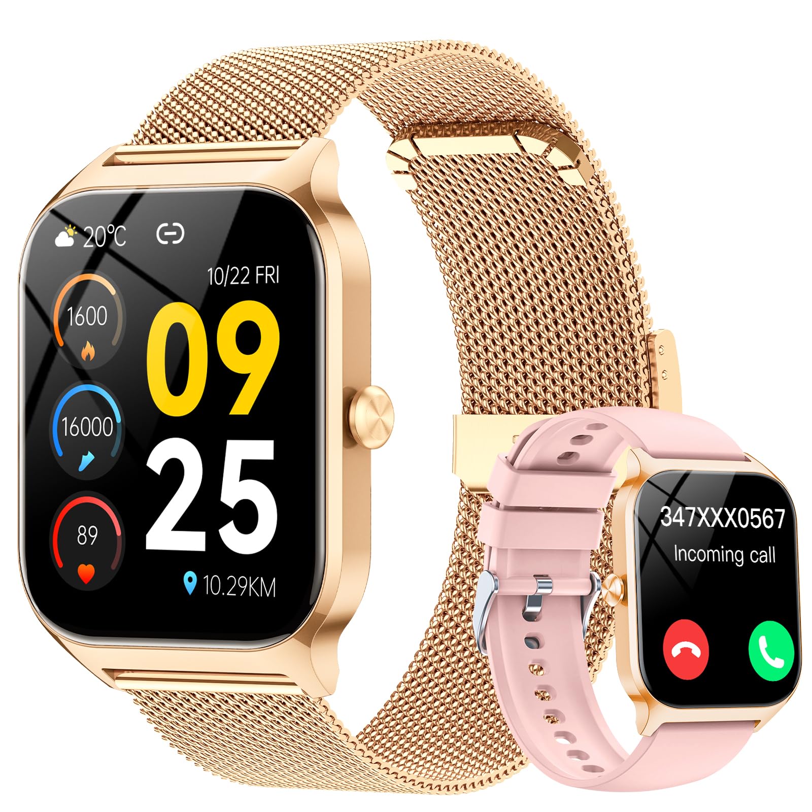 CASCHO Smart Watches for Women (Android/iOS), 1.85" HD Smart Watch with Calls/Messages/AI Voice Control, Sleep/Heart Rate Monitor,120+ Sports Modes Fitness Tracker Watch,Gold and Light Pink Rose gold and Light Pink