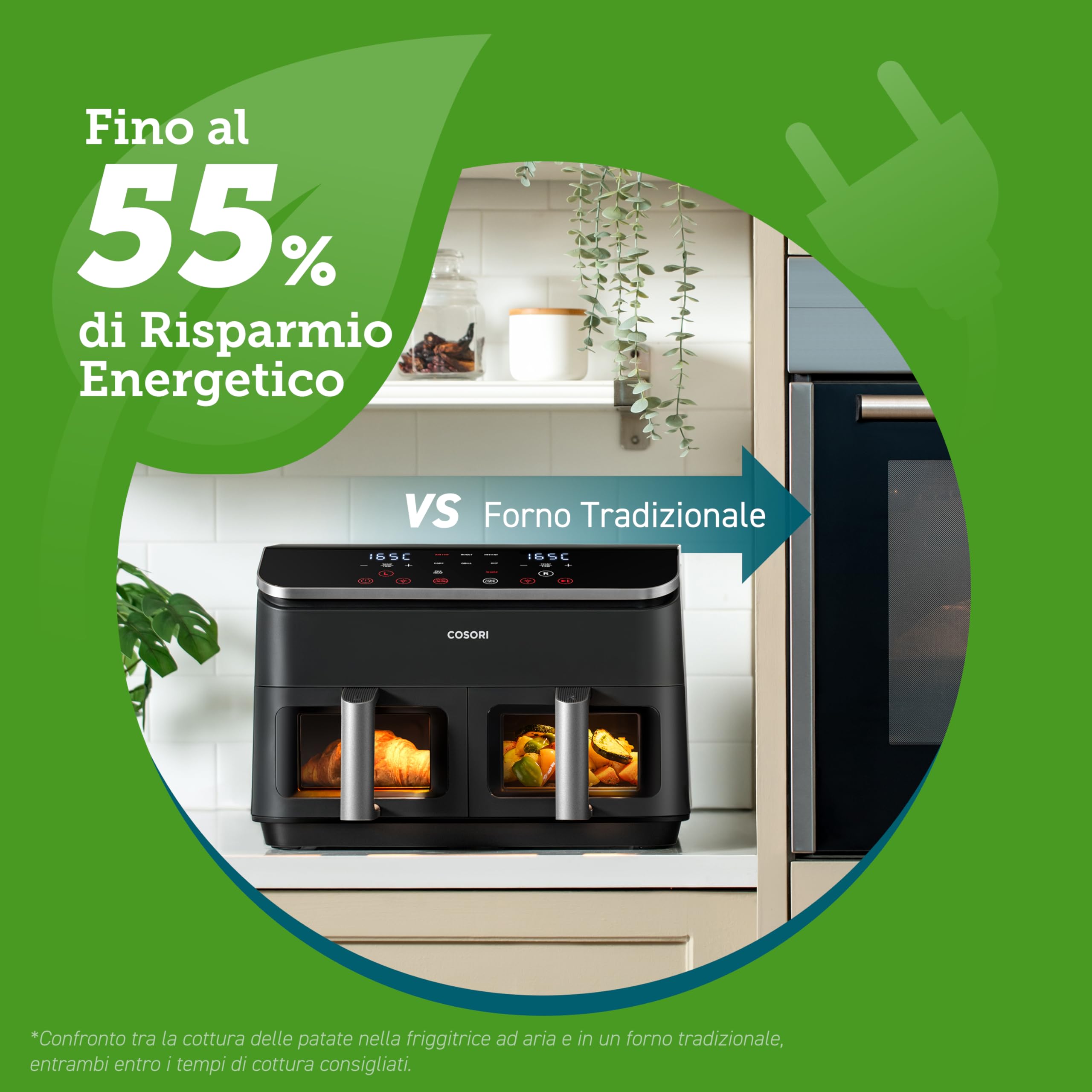 COSORI Friggitrice ad Aria Doppio Cestello Digitale, 8,5L Grande Capacità, Funzione 8 in 1, 35-230°C, Finestra,con Ricette Online, CAF-R901, Nero Profondo