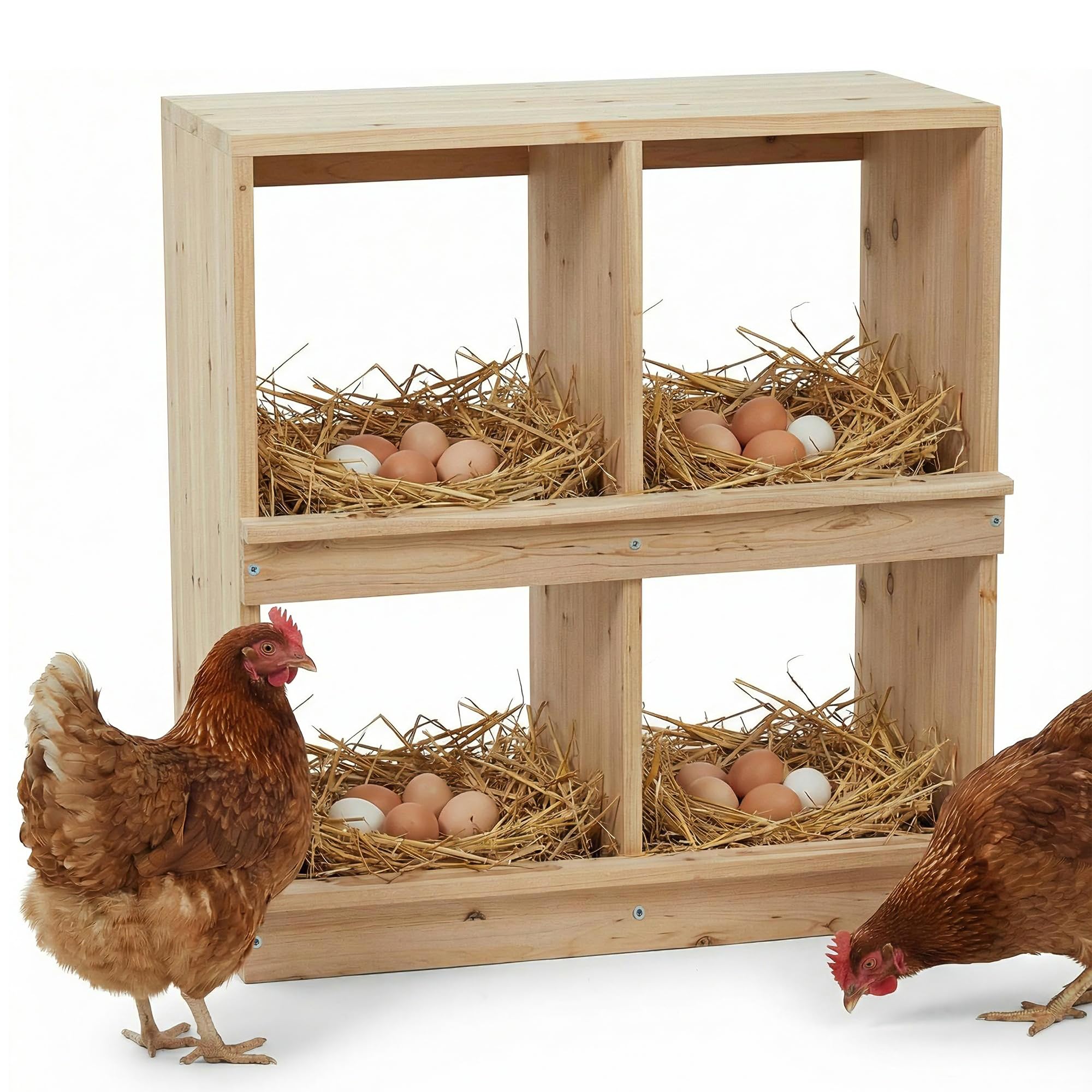 Garvee Gallinero de Madera con Nidal de Doble Capa de 4 Compartimentos, Caseta para Gallinas Ponedoras, Diseño Rural con Techo Inclinado, Montaje Sencillo, para Interior del Corral, Madera Natural