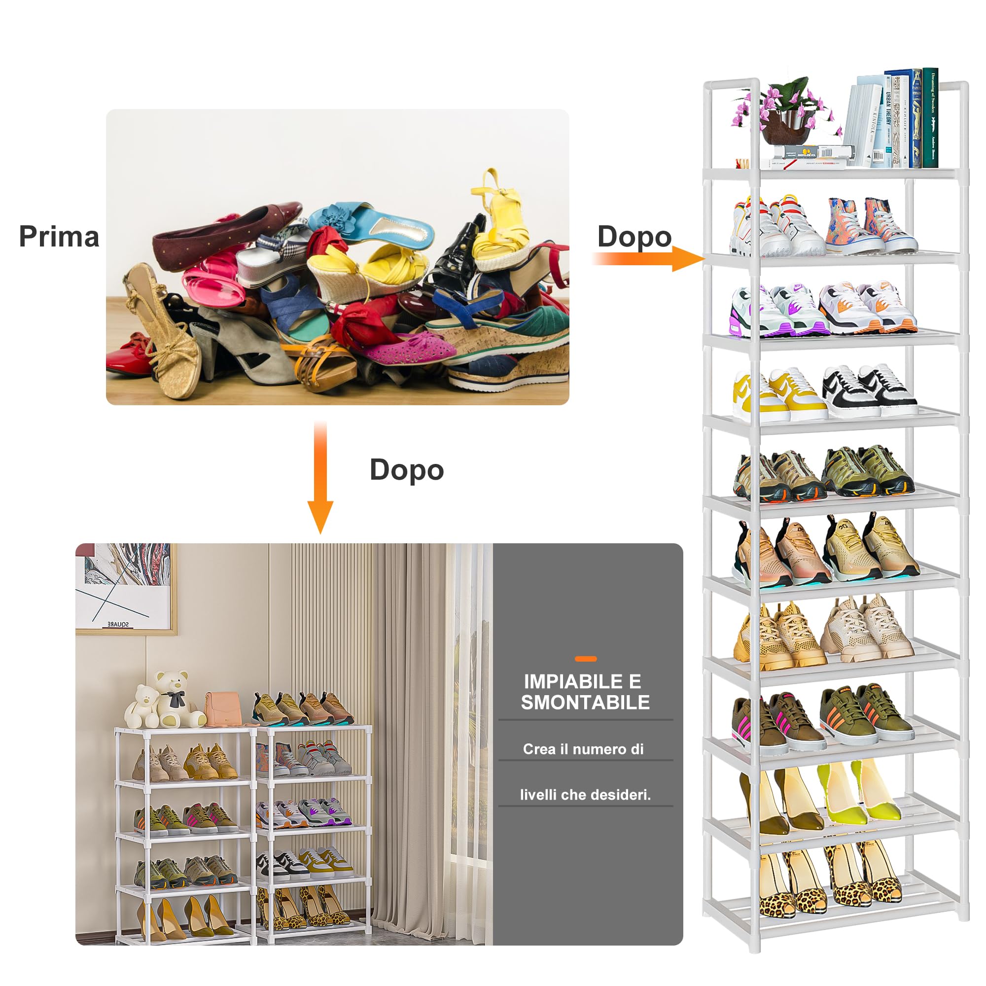 OYREL Scarpiera a 10 Ripiani, Slim e Alta, Scaffale Portascarpe in Metallo, Scarpiera per 10-20 Paia di Scarpe, per Spazi Stretti, Ingresso Soggiorno Camera da Letto