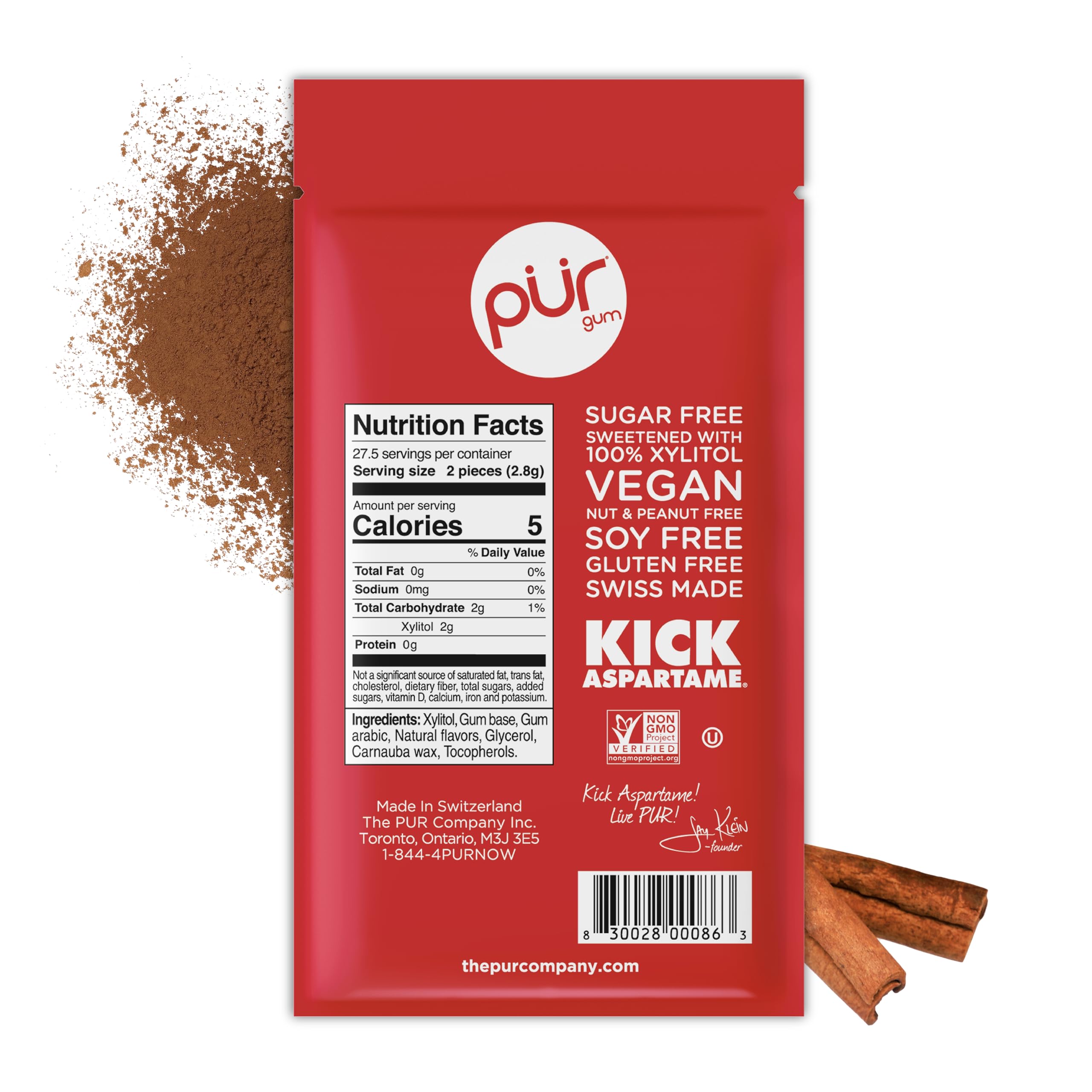 PUR Gum | Guma do żucia bez aspartamu | Z ksylitolem | Bez cukru, wegańskie, bezglutenowe i keto | Naturalny smak Cynamon | 55 szt. (1-pak)
