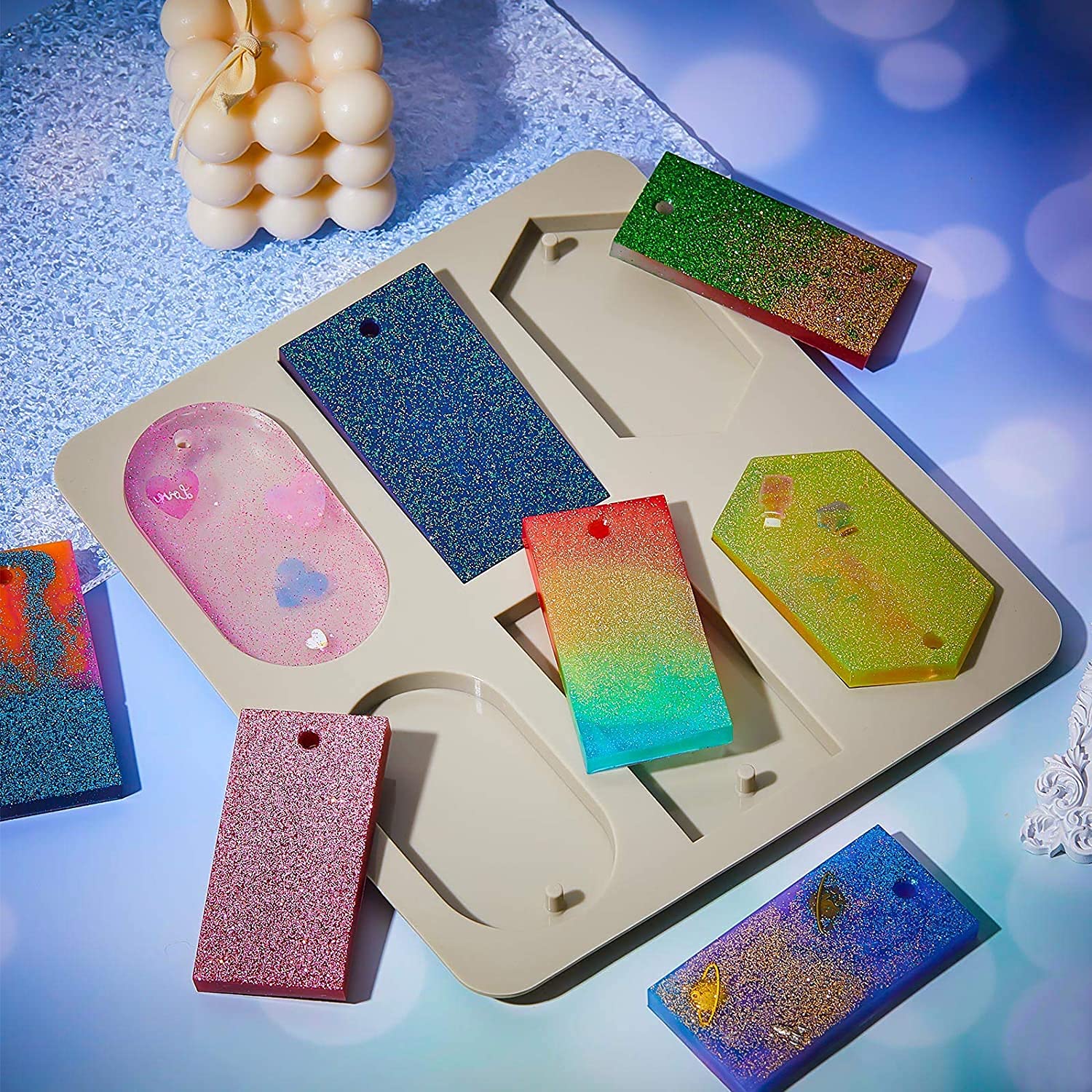Skytail 6 Slot Resin Bookmark Mould, Rectangle, Oval and Hexagon Resin Mould Silicone Wax Mold, Keychain Mould Epoxy Casting Mold with Hanging Hole for DIY Jewelry Making Pendant Crafts Decor 2