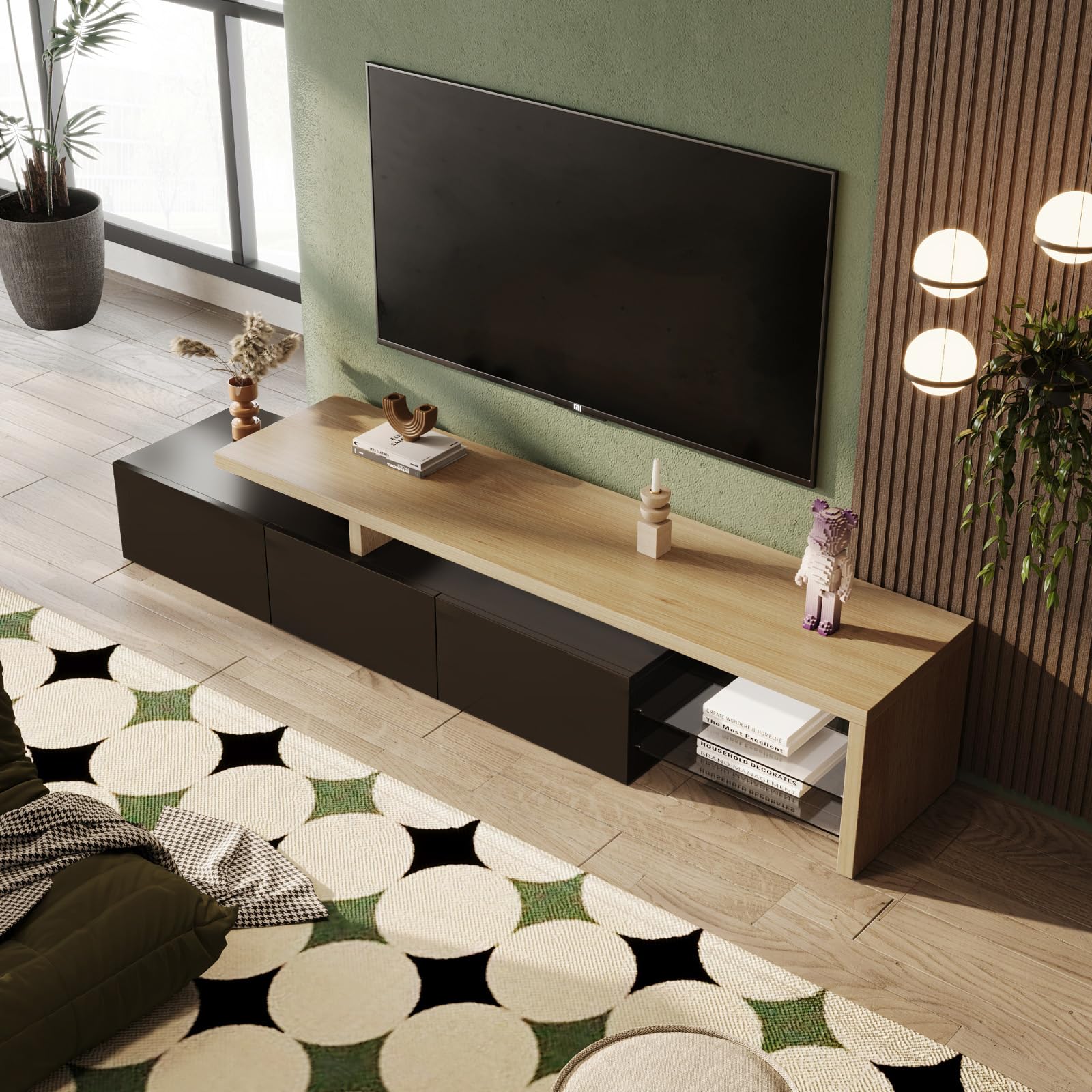 TV Lowboard mit Stauraum, Fernsehtisch mit 3 Türen und Glasablage, TV Bank für Fernseher bis zu 85 Zoll, Fernseh Sideboard für Wohnzimmer, Schwarz, 200x39x42cm