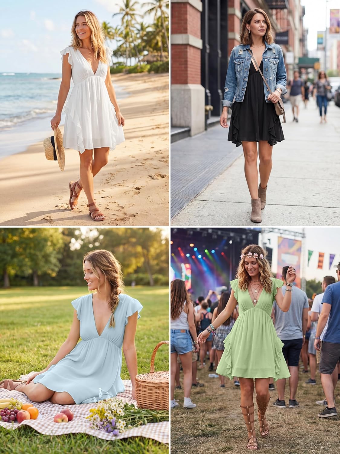 Mini Dresses for Women Deep V Neck Empire Waist Self Tie Open Back Ruffled Summer Boho Beach Cruise Sundress