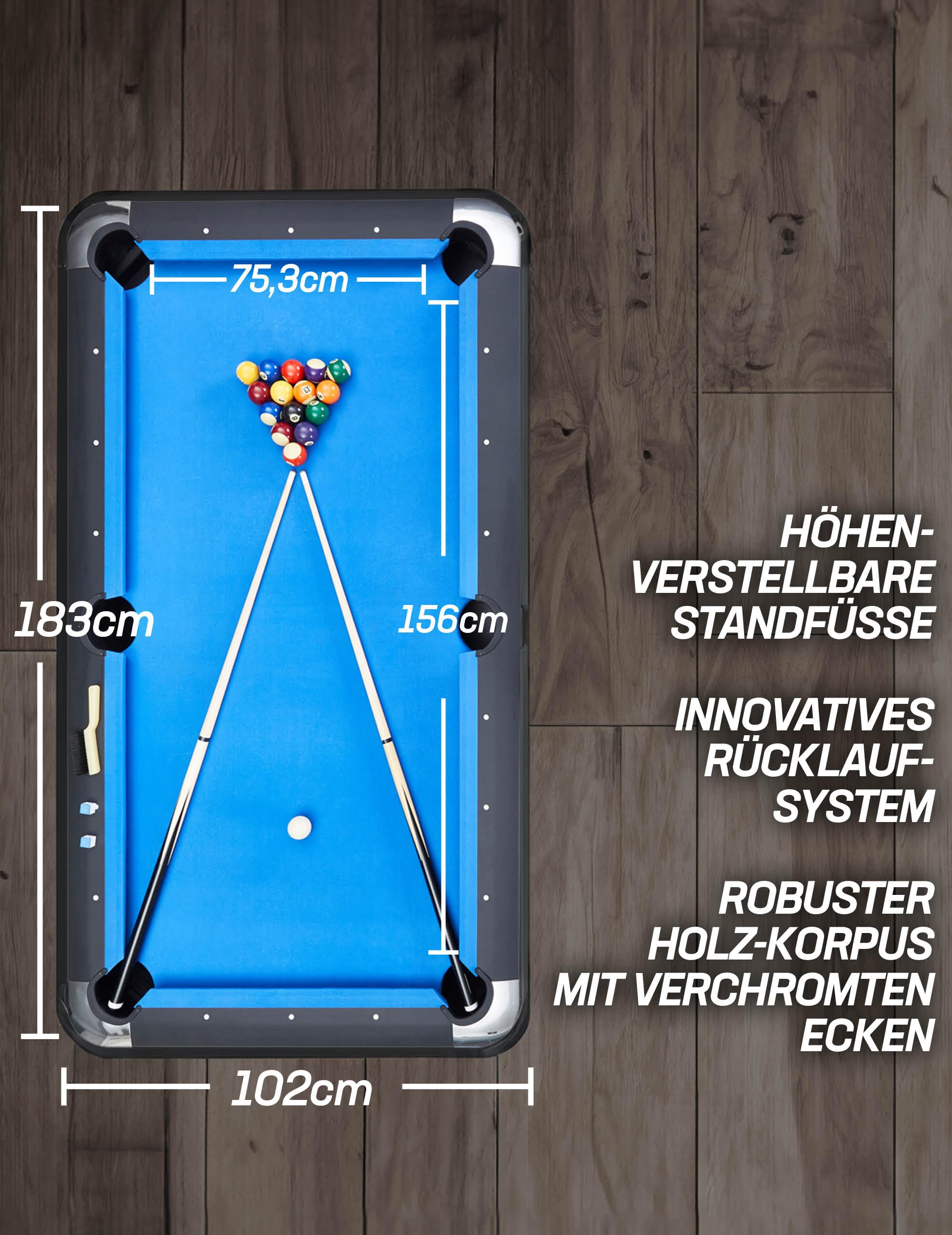 MUWO Winner Pro Billardtisch inkl. einem Satz Kugeln, mit Aufbaudreieck, 2 Queues, mit Kreide und Einer Bürste. Tisch im Original-Stil. Maße (LxBxH): 183 cm x 102 cm x 81 cm, Gewicht 80 kg, 2 Farben