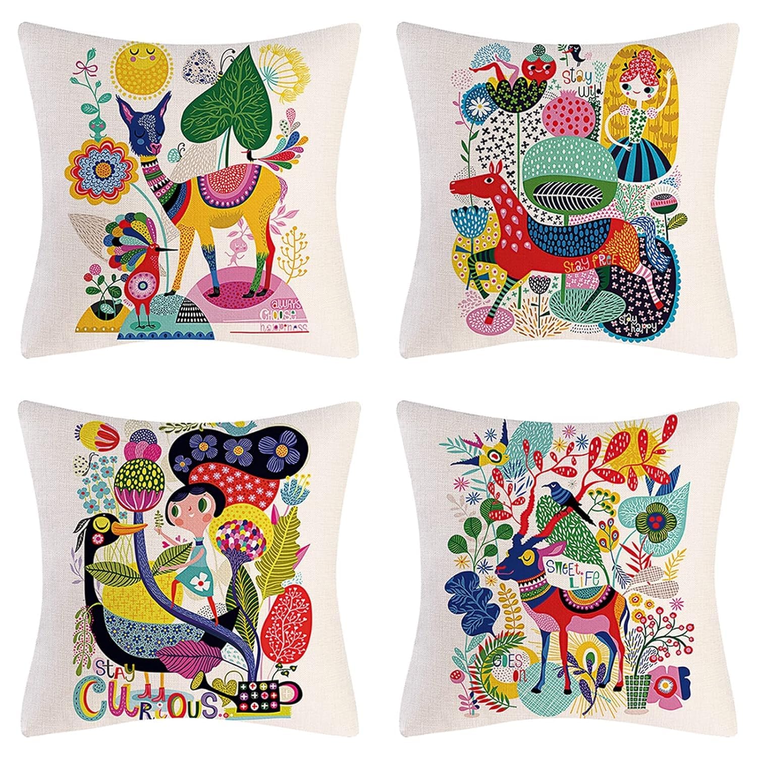 MAKINGTEC Colorful Throw Pillow Case, MAKINGTEC Covers 45x45 Decorative Colorful Throw Pillow Case Set of 4 Linen Boho Cushion Covers 18 x 18 inch for Couch Sofa Car Bed Living Room