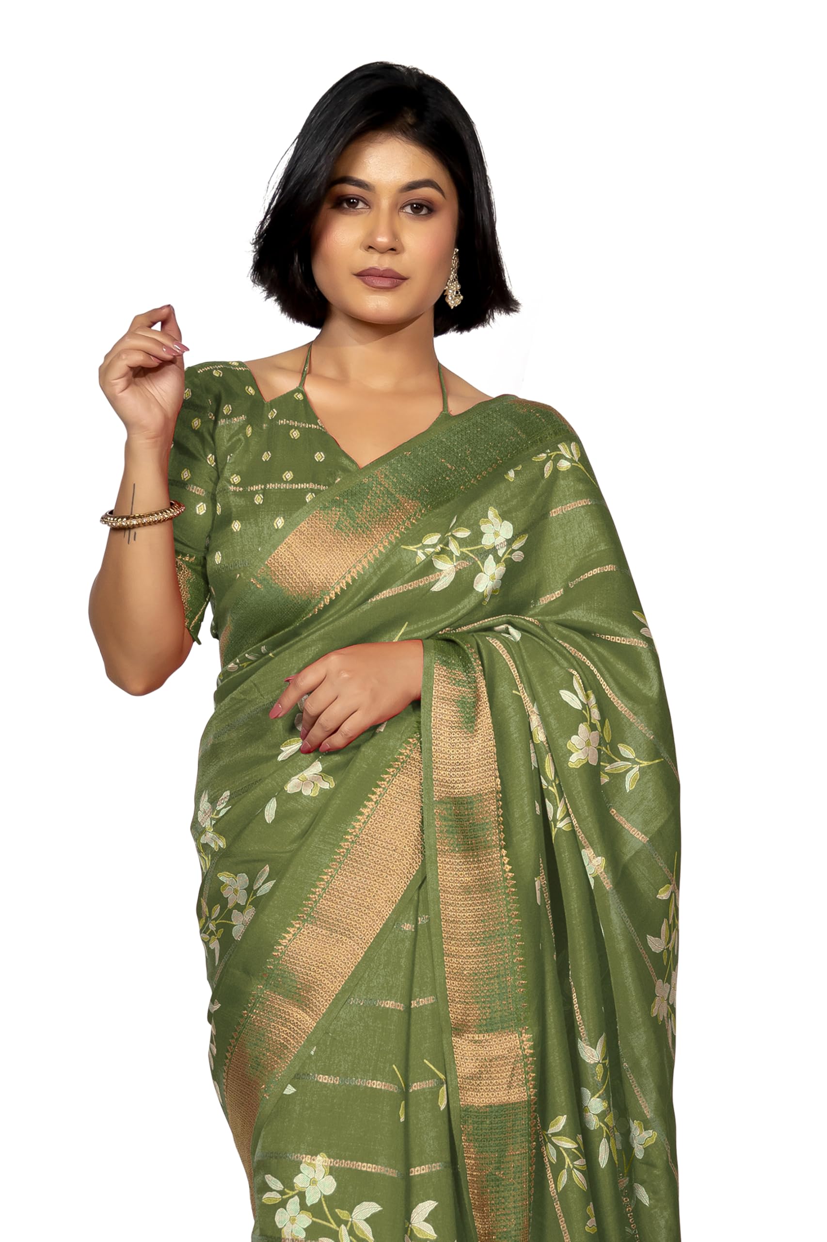 Women's Cotton Silk Peacock Printed Saree with Blouse Piece