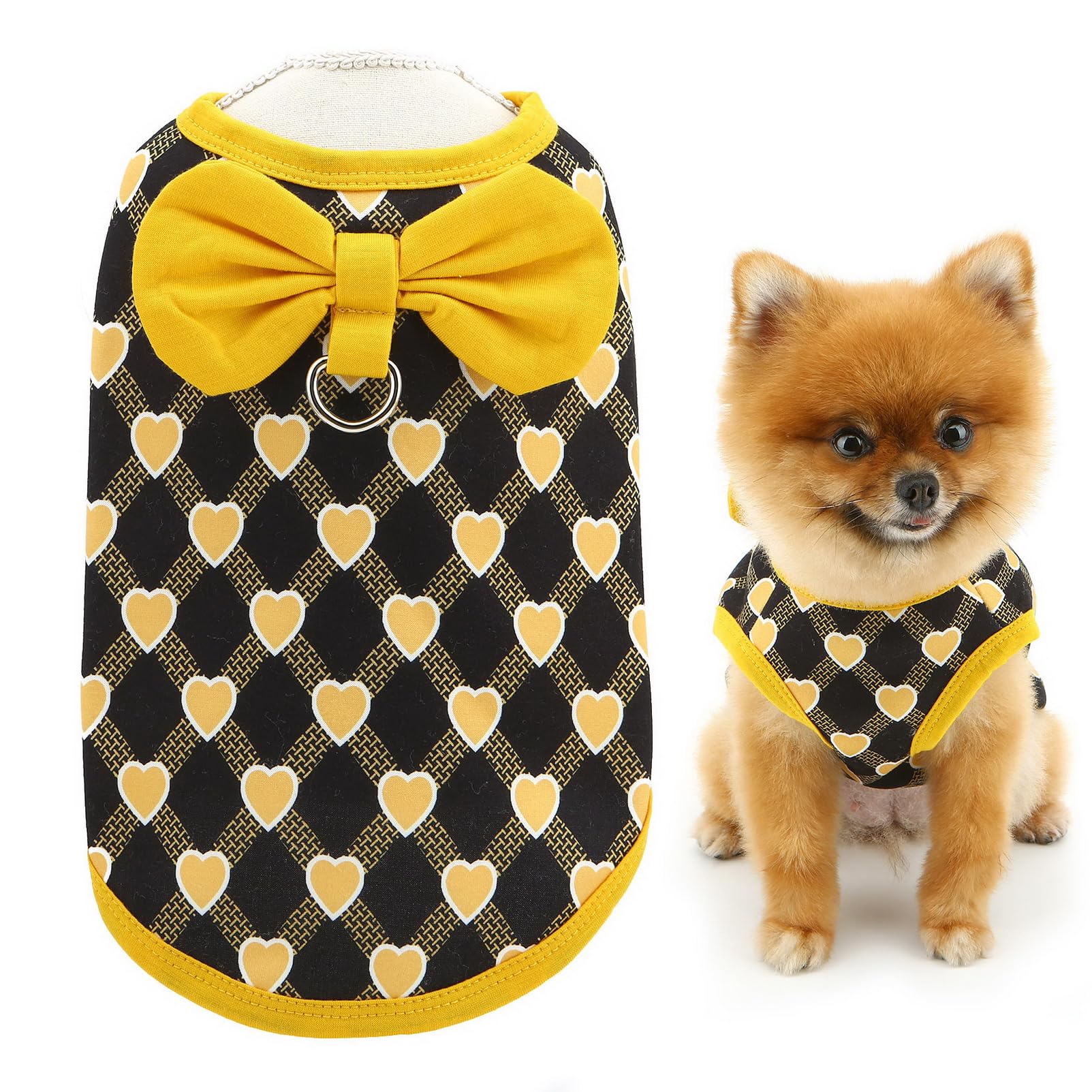 SMALLLEE_LUCKY_STORE Fleece Dog Jumper for Small Dog Heart Plaid Pet Sweatshirt with D-ring Bowkont Puppy Pullover Warm Winter Fall Sweater Chihuahua Daily Wear Outdoor Clothes, Black, M
