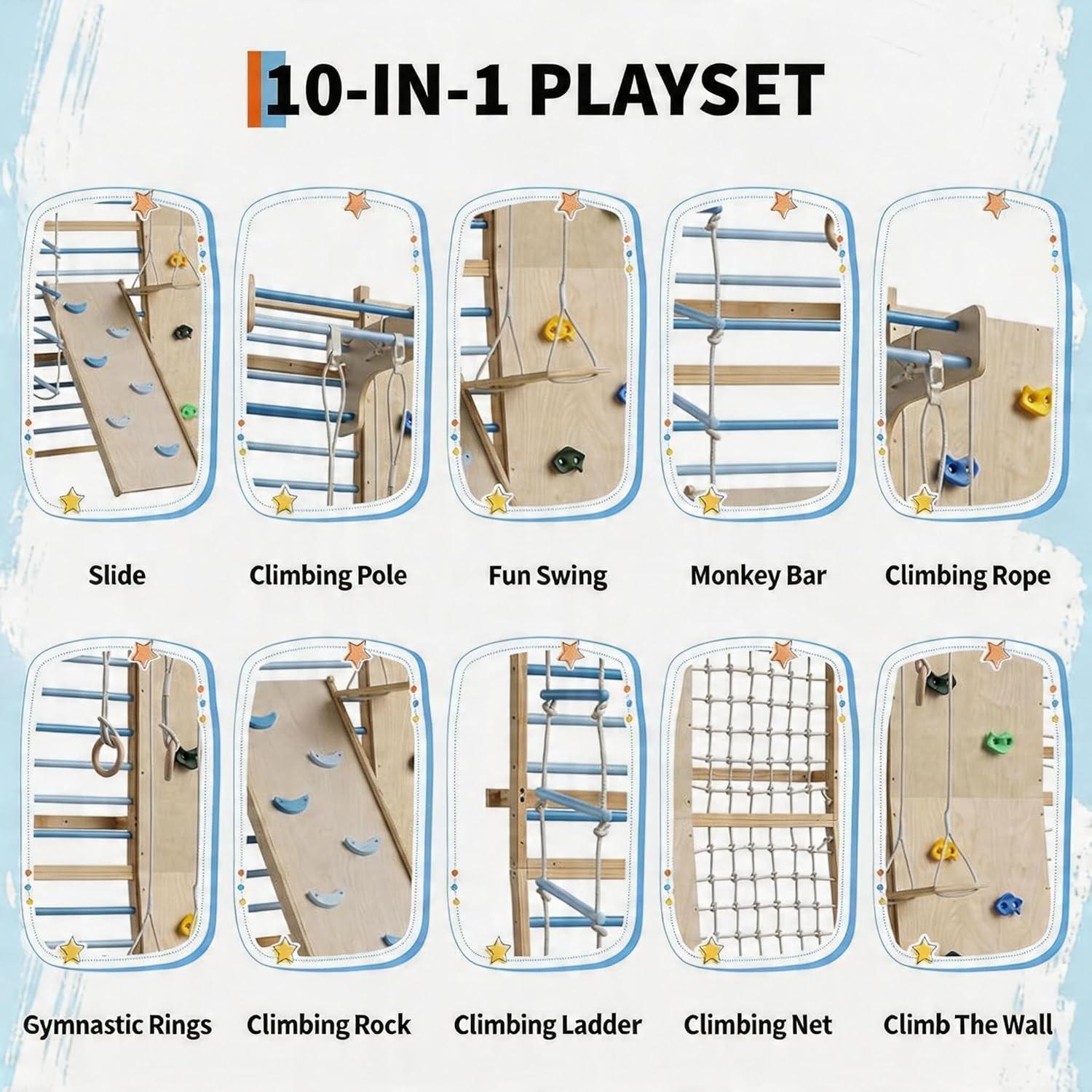 Multi-Functional Swedish Ladder Wall Gym, 94.5'' Wooden Wall-Mounted Climbing Set with Slide, Swing, Rope, Rings, Monkey Bars, Indoor Playset for Kids and Adults