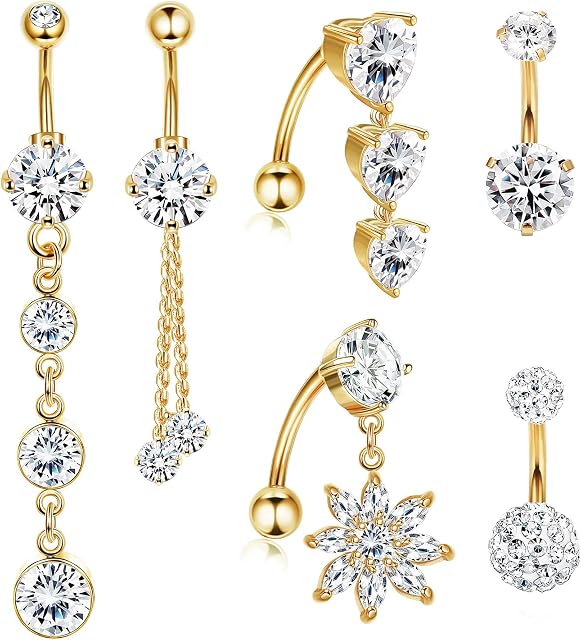 YADOCA 6 Pcs 14G Surgical Steel Belly Button Bars for Women Girls Long Dangle Short Reverse Belly Button Rings Set Navel Piercing Belly Bar Belly Piercing Jewelry Silver/Gold/Rose Gold