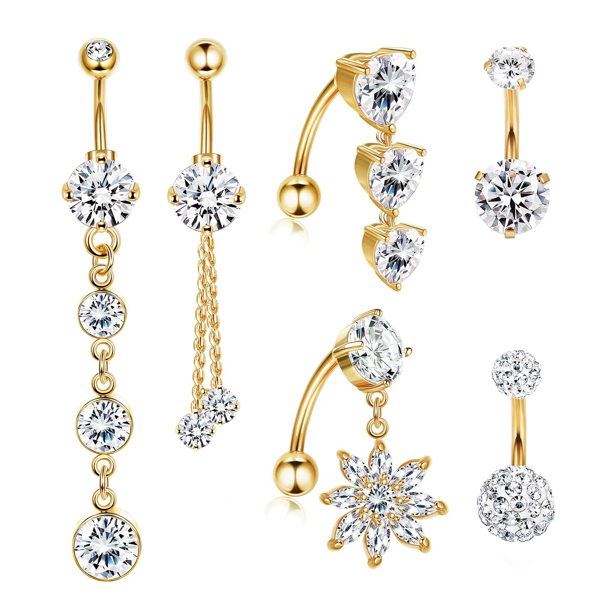 YADOCA 6 Piezas 14G Piercing Ombligo Juego de Acero Quirurgico para Mujeres Niñas Anillos de Ombligo CZ Piercing de Ombligo con Colgante Joyas para el Cuerpo Piercing Plata/Oro/Oro Rosa