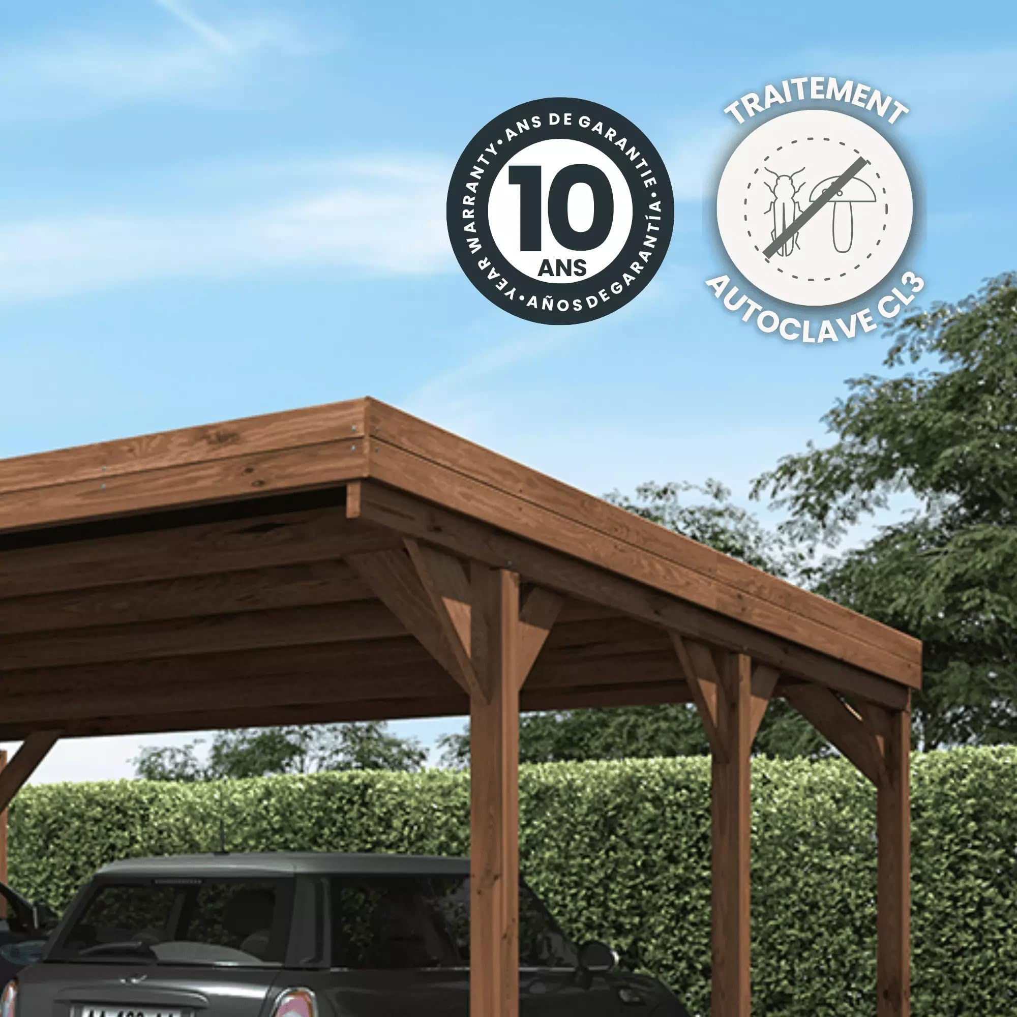 Forest Style - Cochera Doble Victor 30,9 m² (6,02 x 5,11 x 2,52 m) – Madera de Pino Tratada – Techo de Policarbonato – Aparcamiento Cubierto para 2 Coches – Estructura Robusta y Resistente