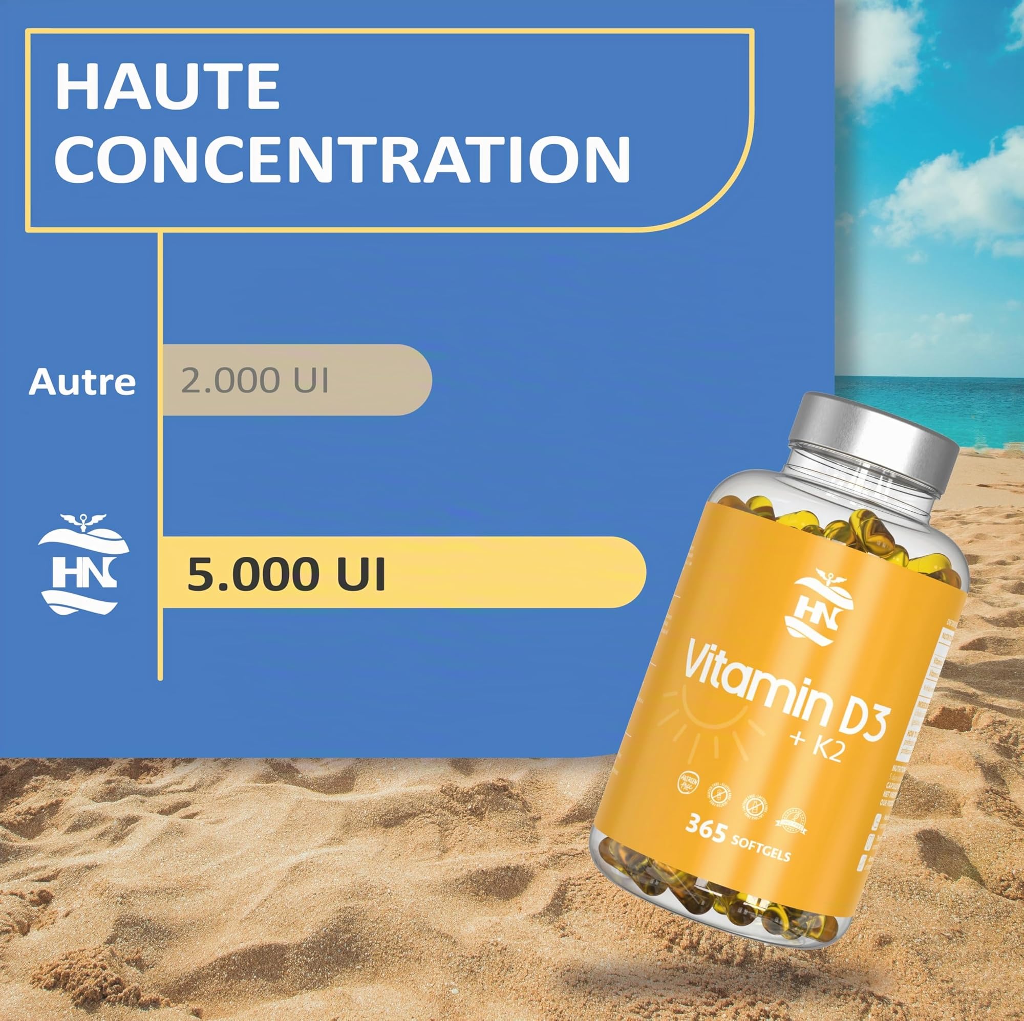 Vitamine D 5000 UI Vitamine D3 K2. 365 Capsules Vitamin D3 hautement concentrée Soutient les fonctions immunitaires et osseuses grâce à la Vitamin D3 K2 hautement dosée