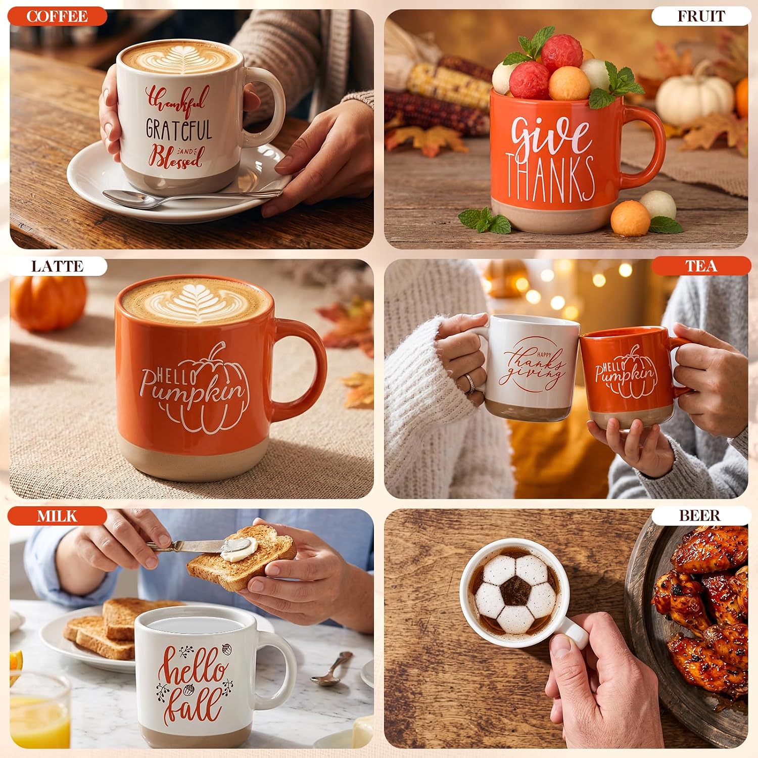 Sieral 6 Pcs Fall Coffee Mugs Thanksgiving 12 oz Ceramic Mug, 6, Ceramic