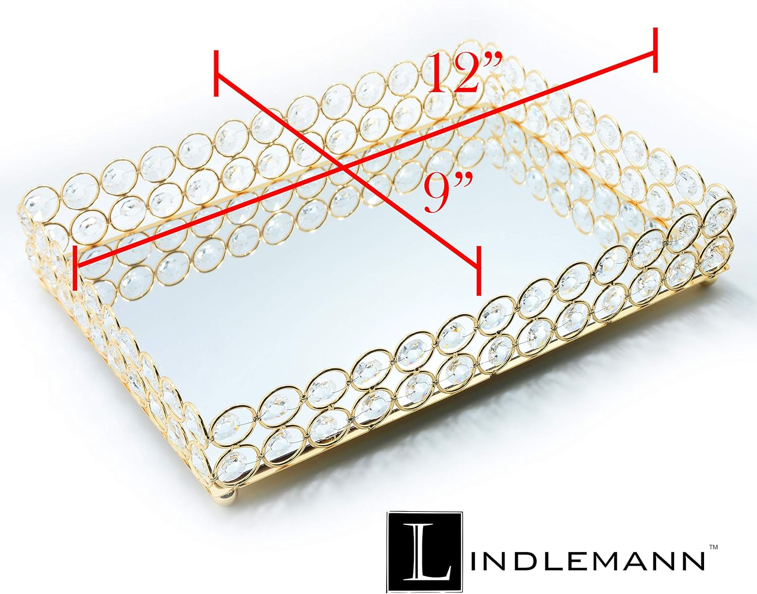 Decorative Tray Metal Mirrored Vanity Trays Crystal Ornate Perfume Jewelry Makeup Dish Dresser Countertop Organizer for Home Decoration & Holiday Party (Rectangle, 12x9in, Gold)