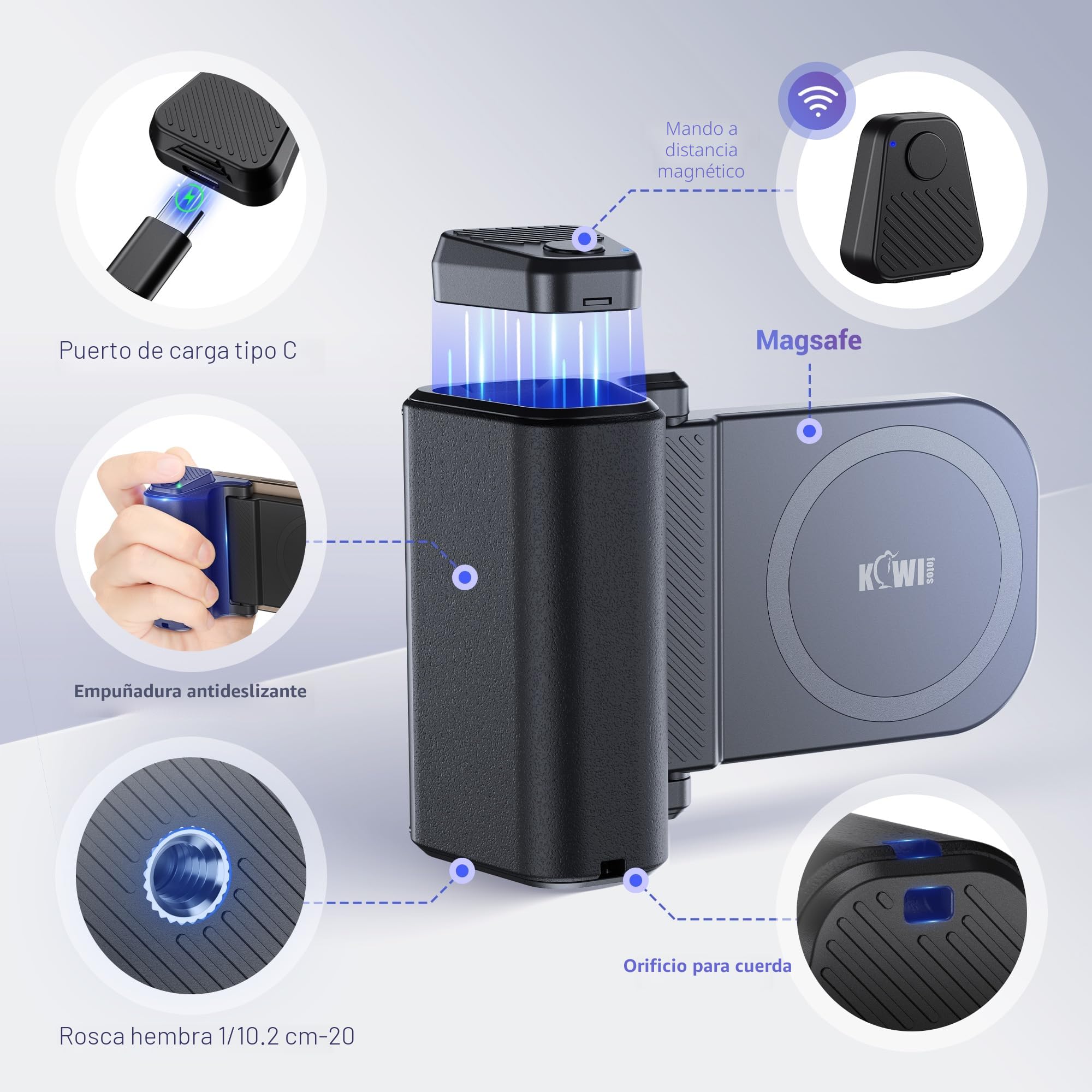 KIWIFOTOS Smartphone Handle Grip, Empuñadura Magnética para Smartphone, con Mando a Distancia Inalámbrico Bluetooth Desmontable y Rosca de 1/4", para iPhone y Android (Gris)