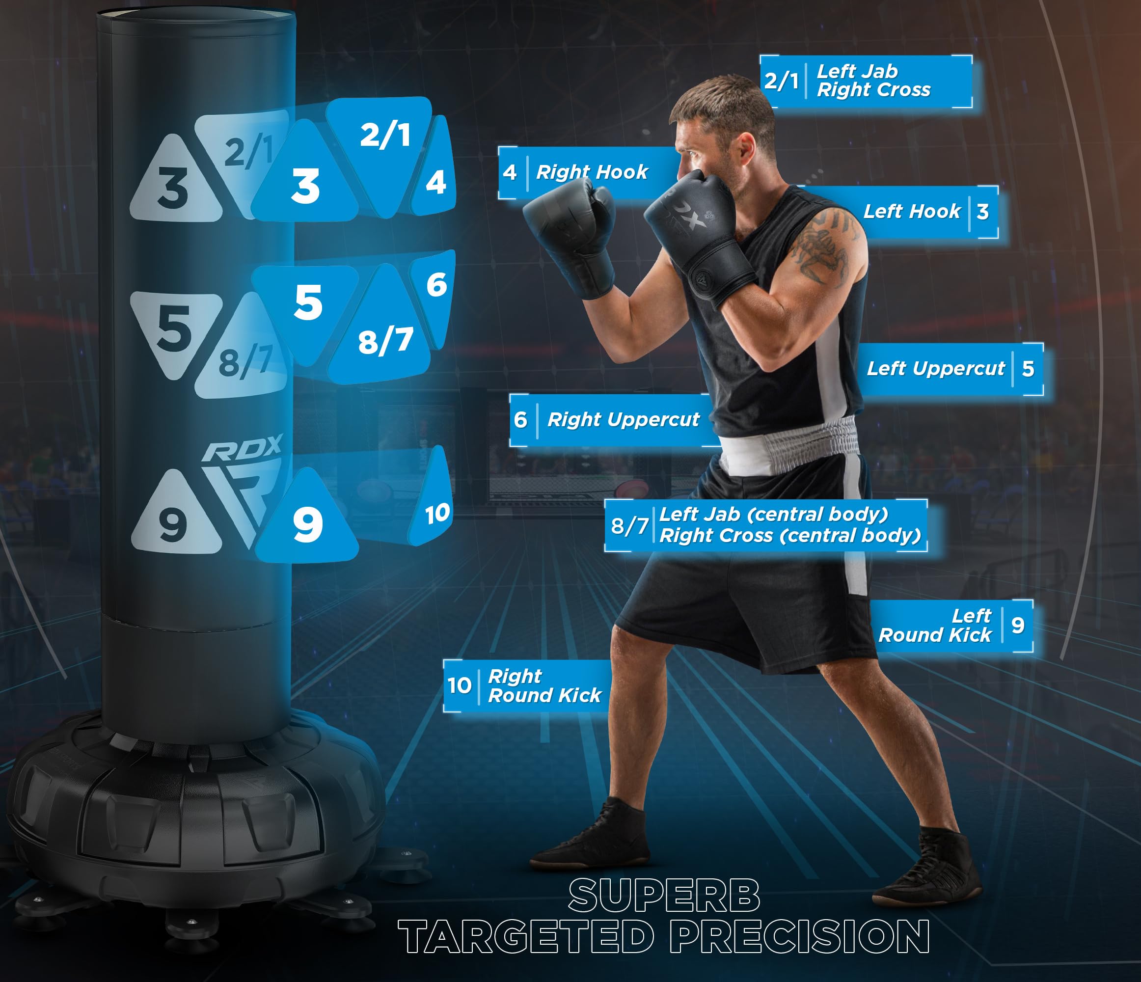 RDX Sacco da Boxe Terra, 6FT 180CM Pesante Pieno Professionale RONIN Sacco con Guantoni e Base, Maya Hide Pelle Piedistallo Adulti Free Standing Bag, Muay Thai Kick Boxing