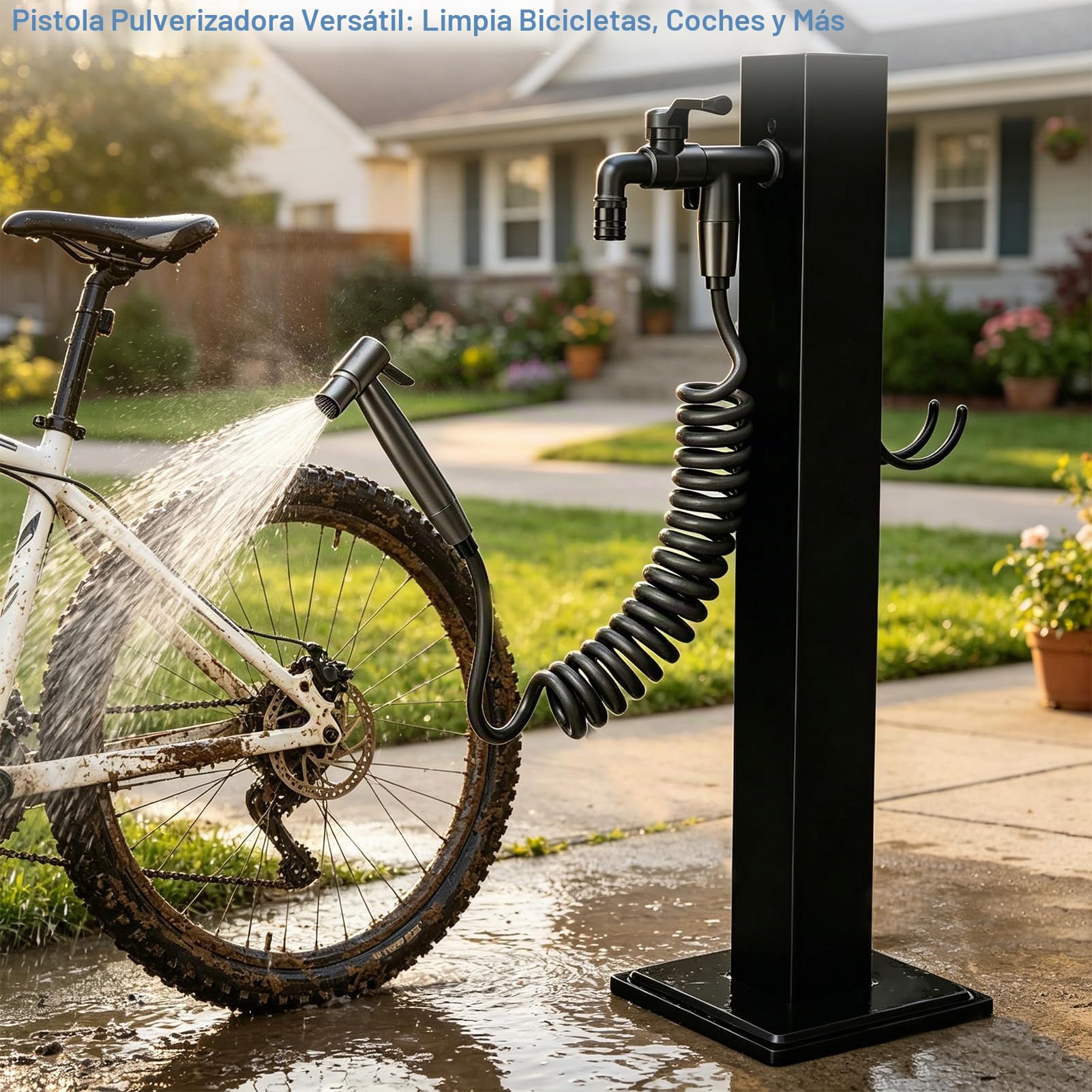 Columna de Agua para Jardín, Grifo de Jardín Negro con Pistola y Manguera, Columna de Grifo Exterior de Pie de Acero Inoxidable, Poste de Agua, Fuente Jardín, Resistente a Las Heladas 95 cm