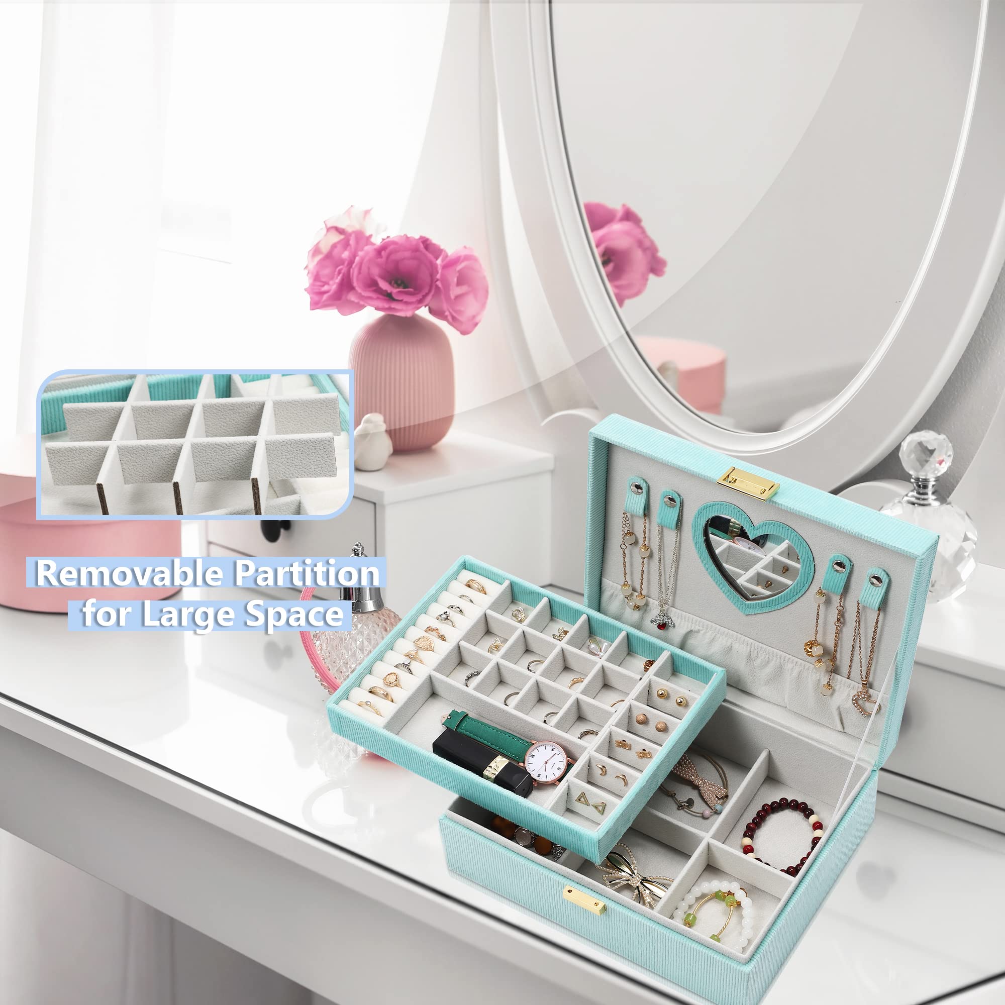 Joyero de terciopelo para mujeres y niñas, organizador de joyas, organizador de joyas grande de 2 capas para anillos, collares, pulseras, aretes de reloj (verde)