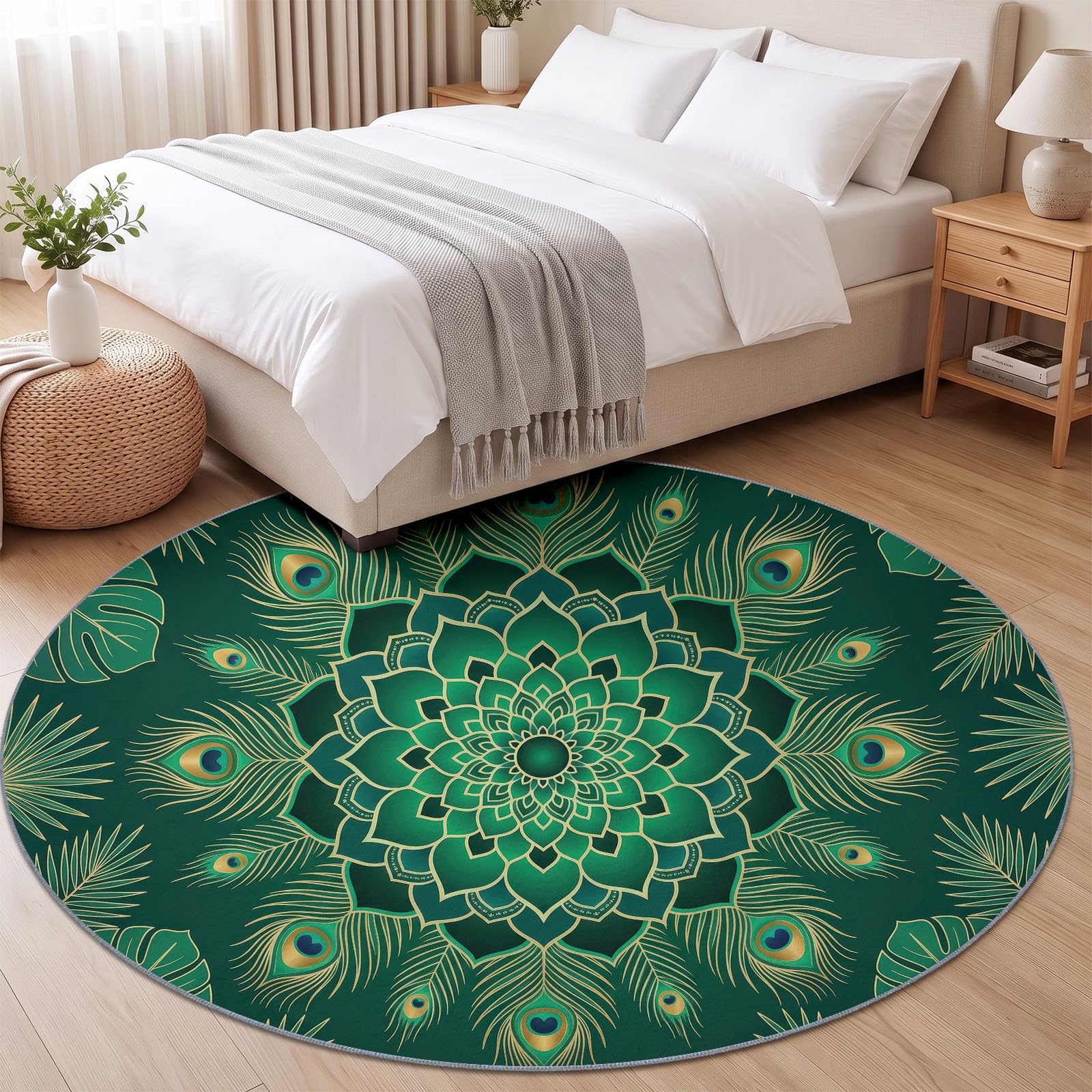Mandala Tapis Rond Salon 150 cm, Plantes Tropicales Feuilles De Palmier Plumes De Paon Antidérapant Poils Courts Tapis De Sol Ronds Décoration, pour Salon Chambre Cuisine Balcon Terrasse, Vert