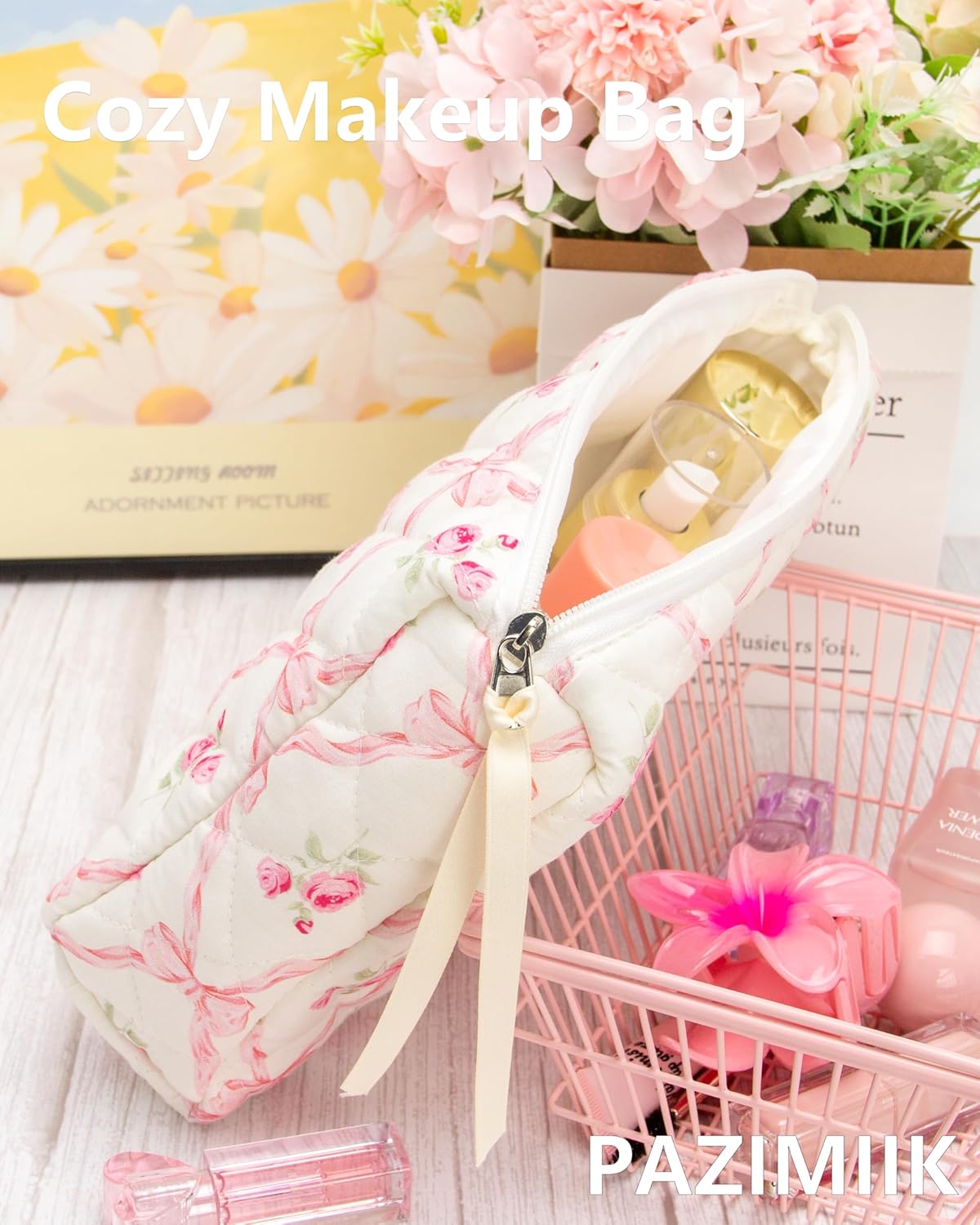 PAZIMIIK 3PCS Makeup Bag SET Large Travel Quilted Zipper Soft Cosmetic Case Pouch for Women Girls Make Up,Bow Rose - Image 5