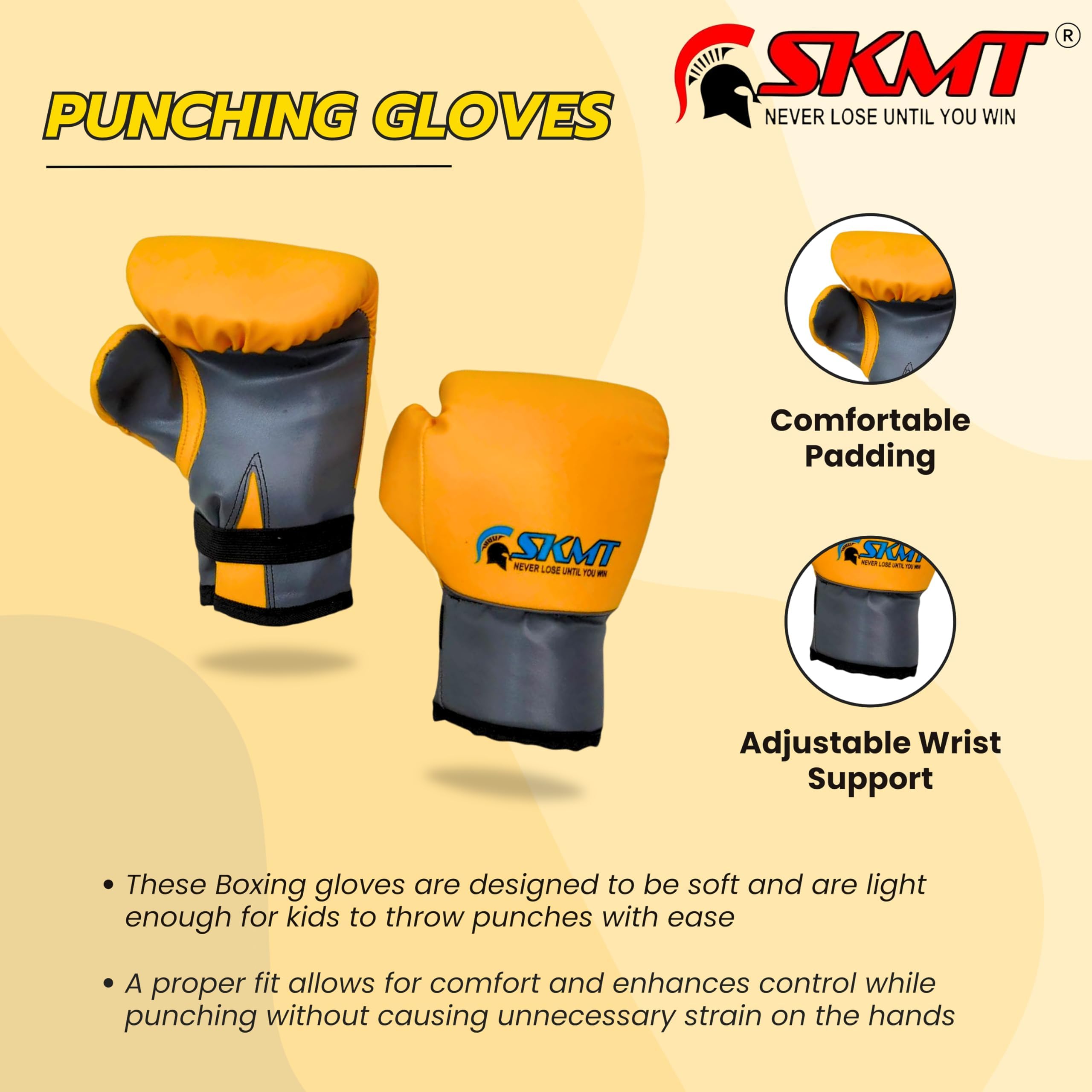 SKMT NEVER LOSE UNTIL YOU WIN Boxing Kit, Boxing Set for Kids, Boxing Kit for Children (Filled Punching Bag, Gloves and Headgear, Age 7-13 Years) (Yellow) 2