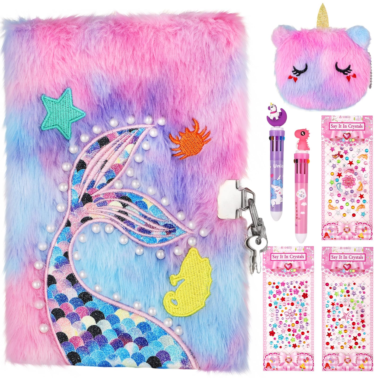 GSrenyu Mermaid Diary for Girls with Lock and Keys,Kids Journal School Travel Notebook Gift Set for Writing and Drawing, Multicolored Pen,Stickers,Birthday Gift for Girls