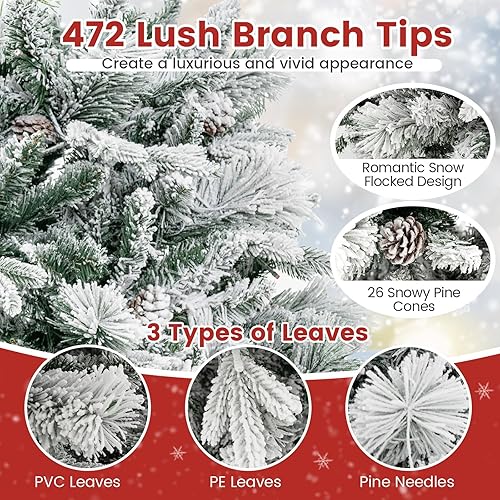 Miniatura 3 de Goplus Árbol de Navidad flocado de nieve preiluminado de 4.5 pies, árbol de Navidad artificial con bisagras con 160 luces LED multicolor, 8 modos de