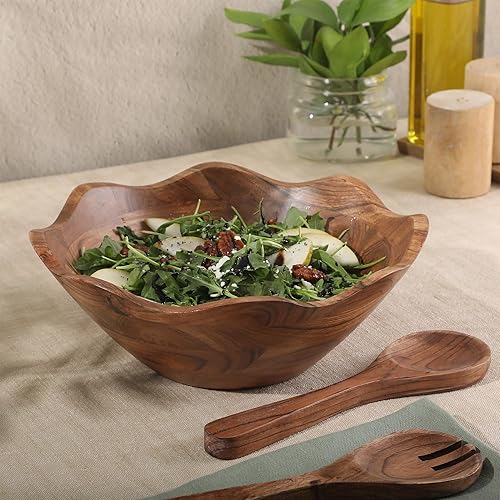 Miniatura 4 de Gibson Home Sandhurst - Juego de 3 cuencos de ensalada de madera de acacia  Tazón festoneado de 12 pulgadas con servidores de ensalada de madera