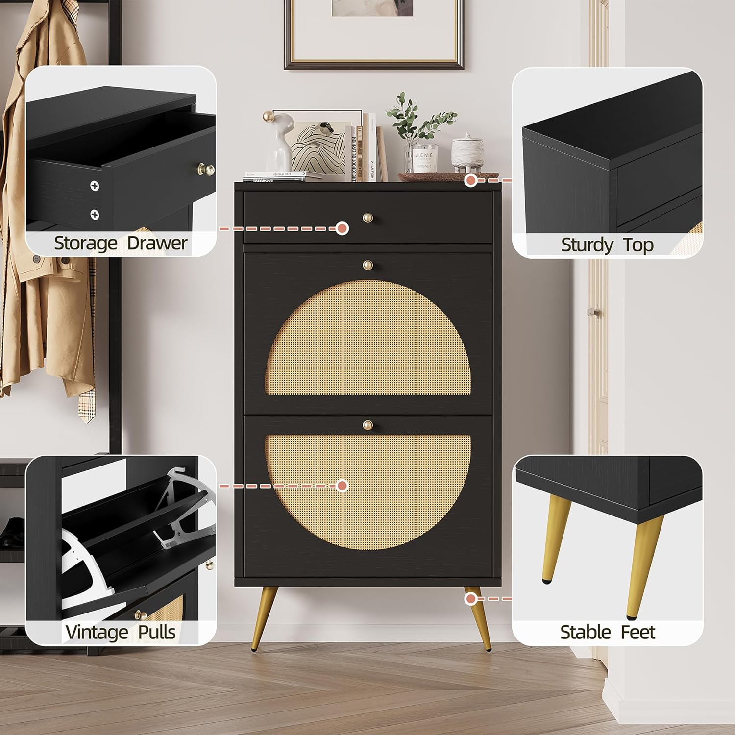 Shintenchi Shoe Rack Storage Cabinet with 2 Semi-Circular Rattan Doors and 1 Drawer, Freestanding Shoe Cabinet with Adjustable Shelf for Front Door Entrance, Hallway, Walnut