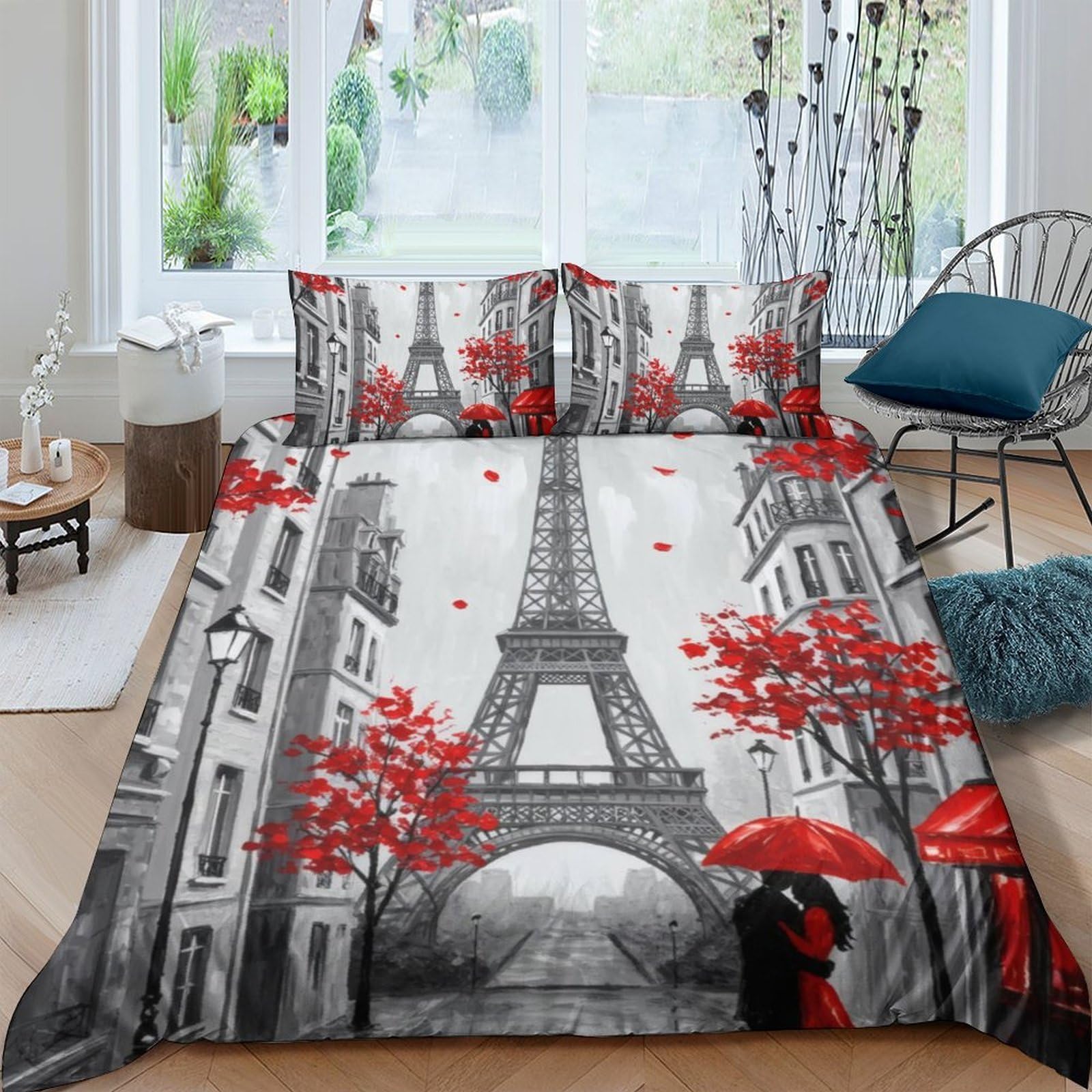 Ctjqhvkz Style-10 3D Printed Eiffel Tower Red Umbrella Fitted Sheet Microfiber Soft Artistic Paris Bed Cover For Bedroom Dorm Decor Single（135X200cm）