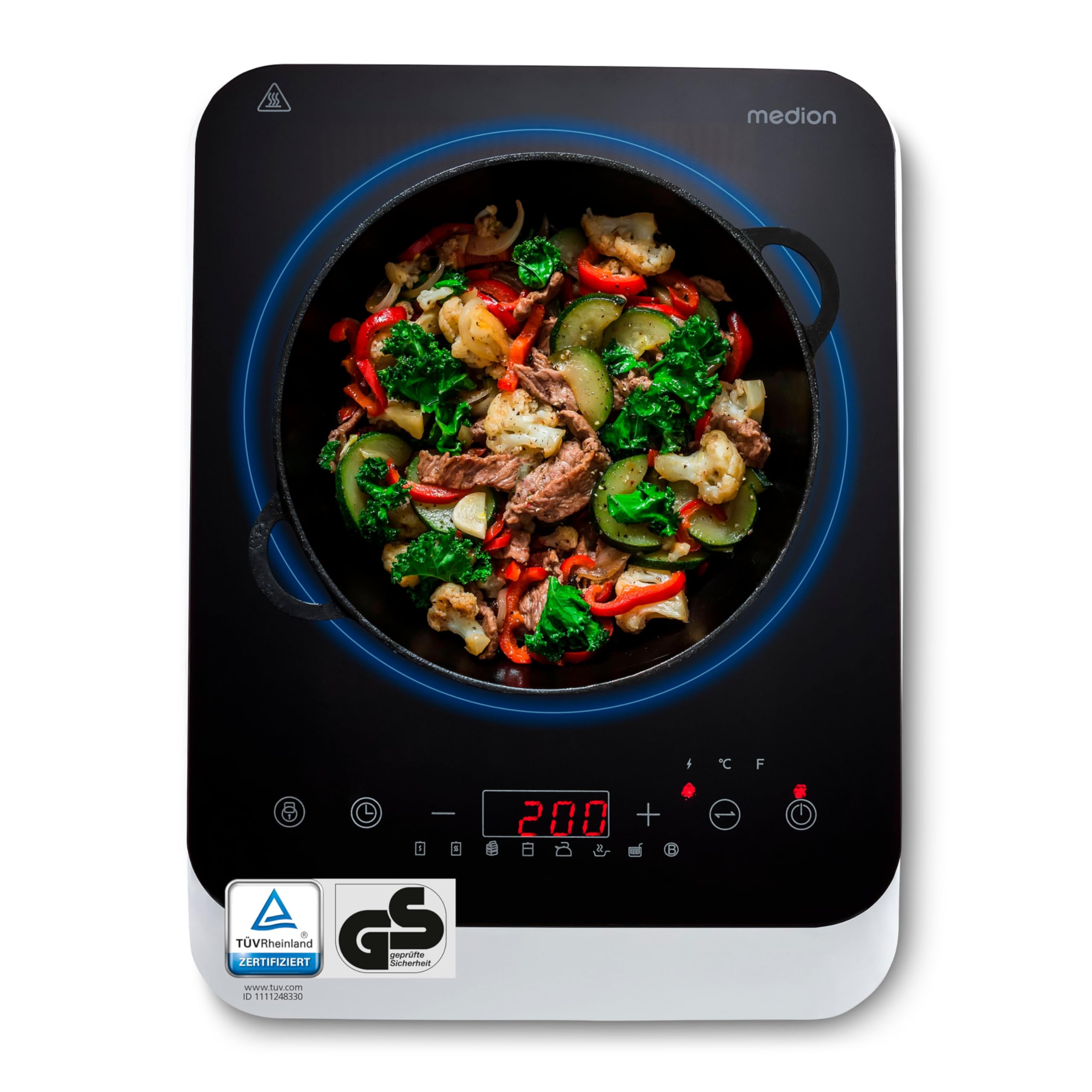 MEDION Induktionskochfeld 20 cm 2000 Watt 10 Temperaturstufen Topferkennung Kristallglasplatte