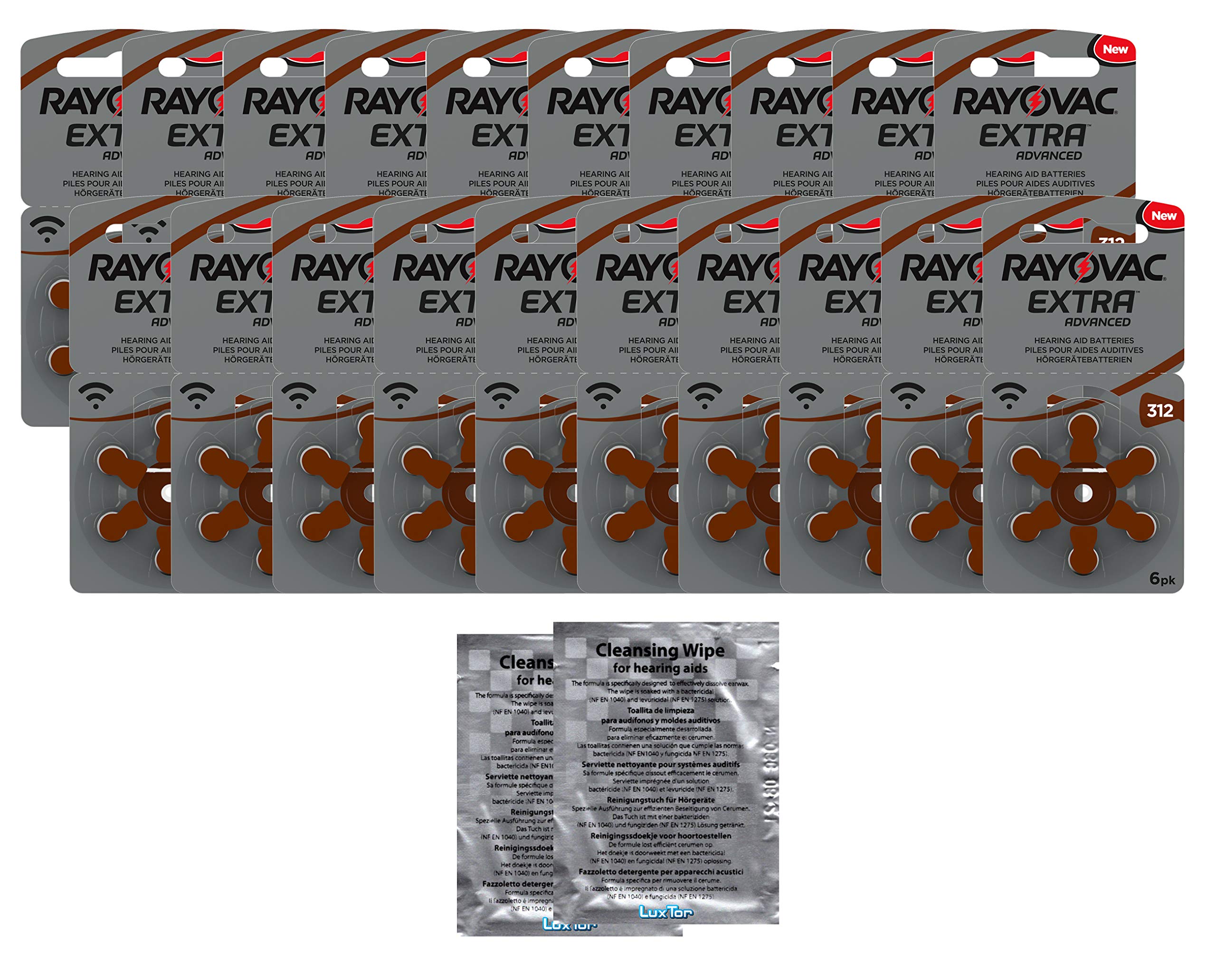 Lot de 120 piles pour appareils auditifs Rayovac Type 312 Zinc Air P312 PR41 ZL3 avec 2 chiffons de nettoyage LUXTOR® pour appareils auditifs et otoplastiques