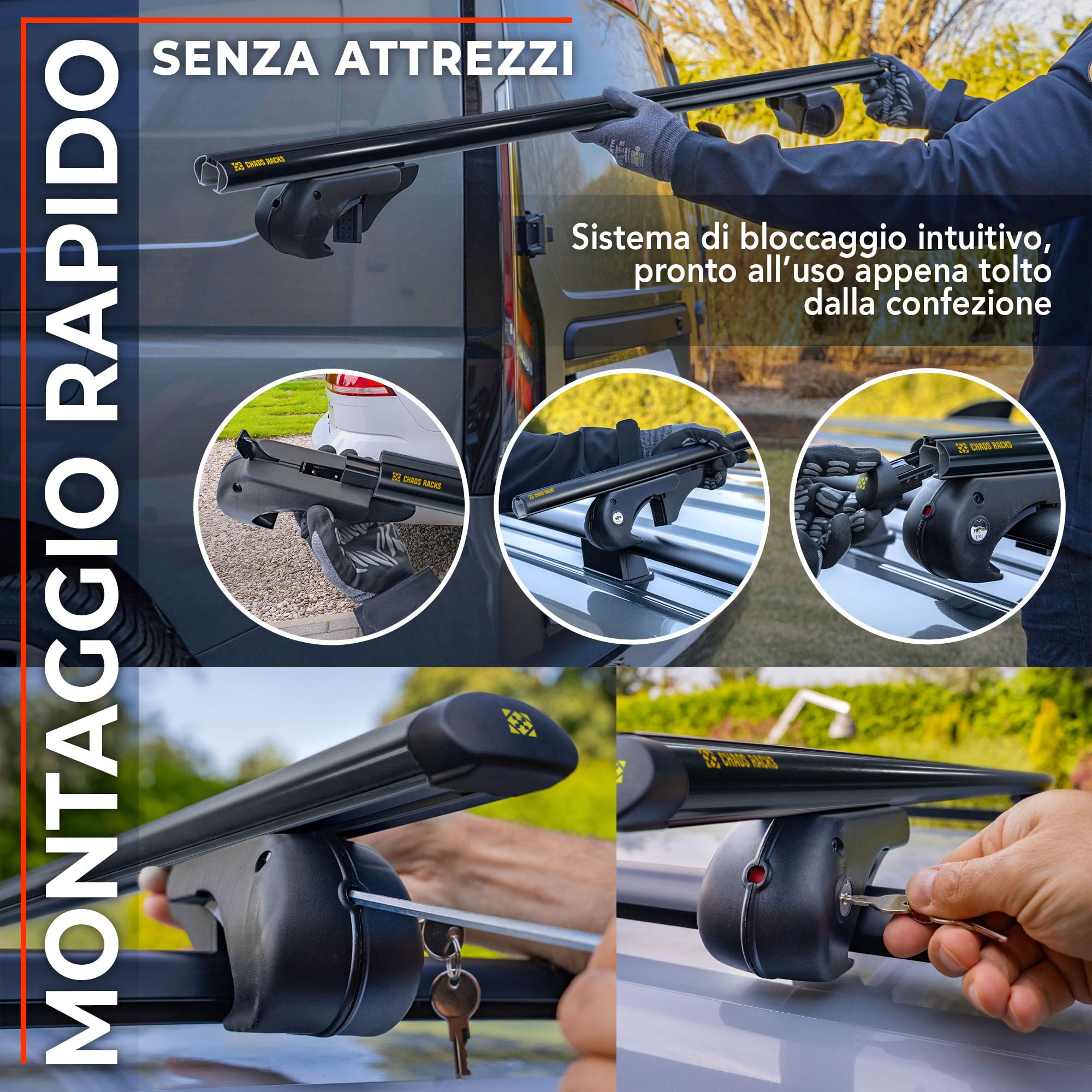 CHAOS RACKS | Universale Portapacchi da Tetto per Barre Longitudinali Aperte; Barre Portatutto | Trasporta in Sicurezza Box da Tetto, Portabici | Struttura Leggera e Resistente in Alluminio | 120 cm