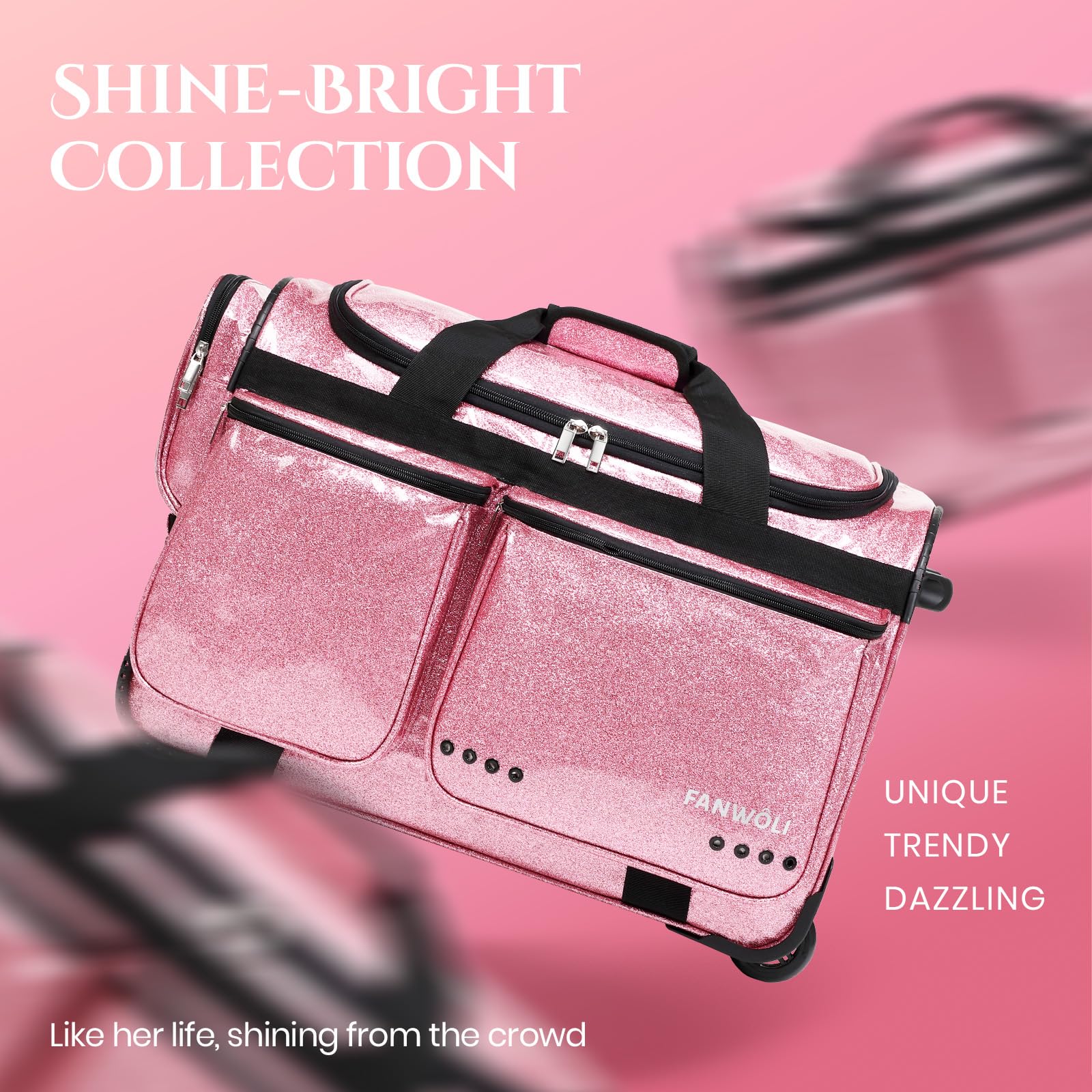 Fanwoli Tanztasche mit Kleiderständer, 58,4 cm, glitzernder, wasserdichter Stoff und verbessertes stabiles System, Shine-Bright Kollektion, ideale Wettkampftasche für Tänzer, Athleten, Cheerleader