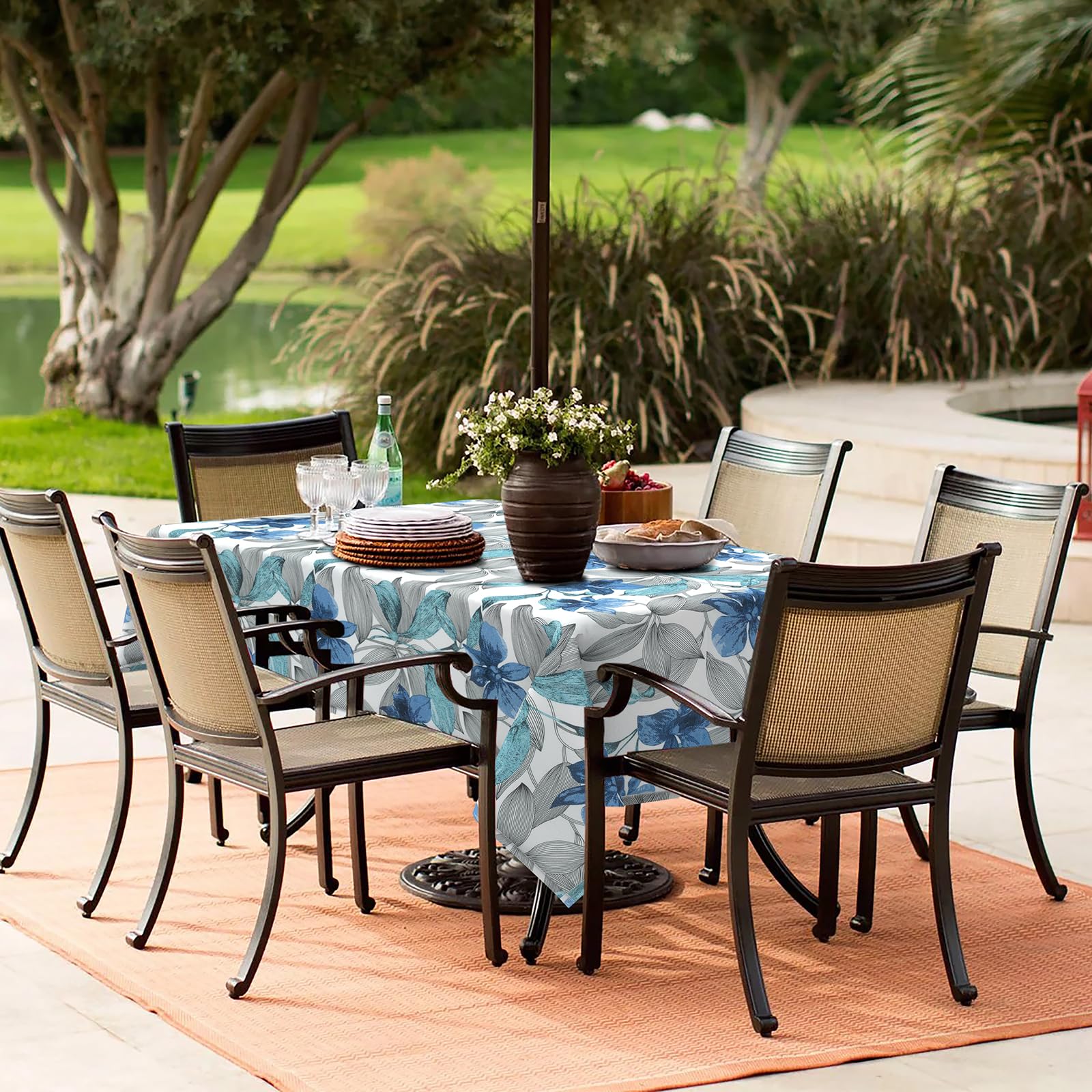 LVTXIII Outdoor Tablecloth with Umbrella Hole and Zipper, 60 x 84 Inch Water-Repellent Patio Table Cloth, Rectangle Table Covers for Backyard Garden, Clemens Noir Blue : Patio, Lawn & Garden
