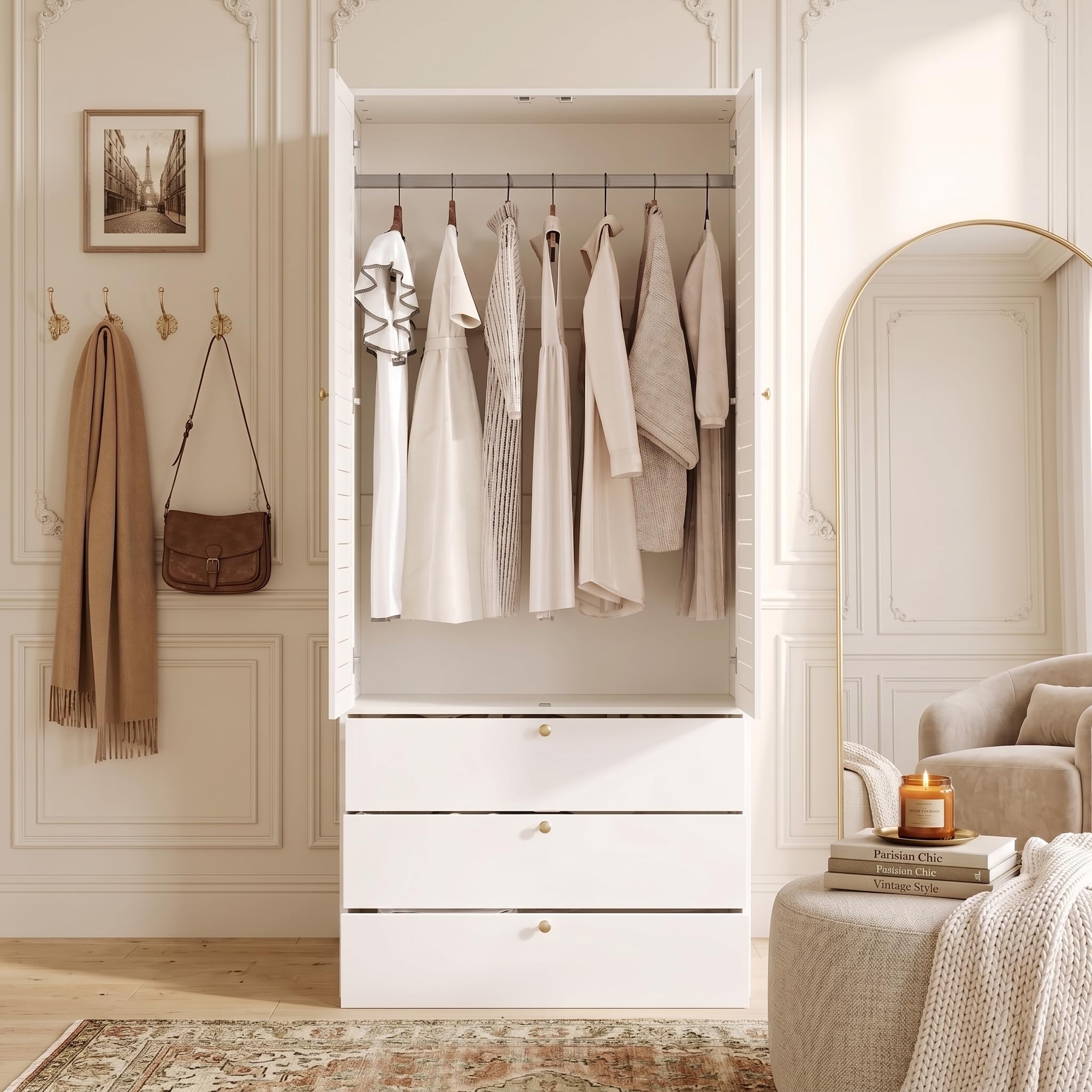 Armadio bianco, 90 x 50 x 200 cm, 2 ante a lamelle, 3 cassetti