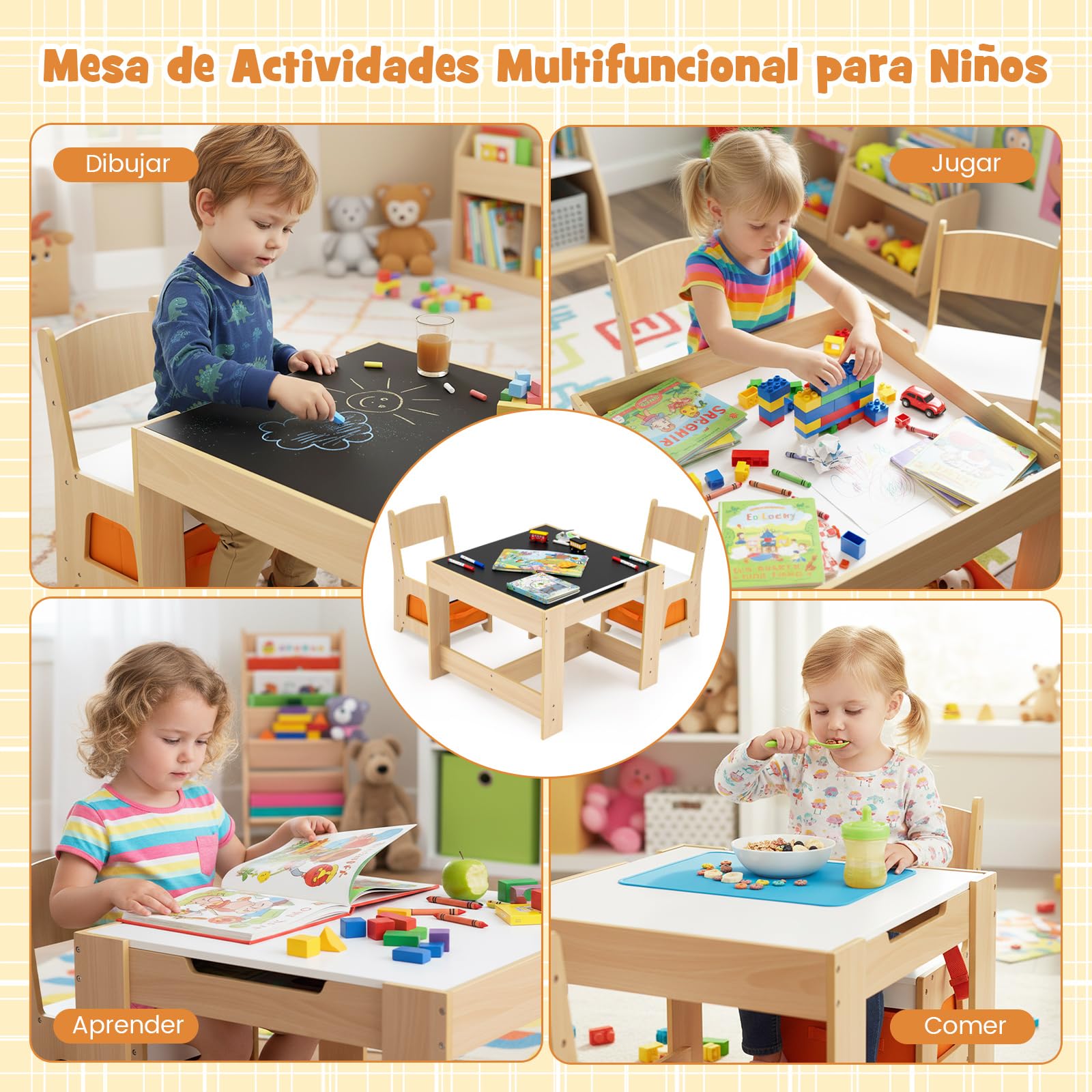 COSTWAY Juego de Mesa y Sillas Infantil, Mesa de Actividades 3 en 1 para Niños con Superficie Reversible y Cajas de Almacenaje, Set de Muebles Infantil de 3 Piezas (Naranja)