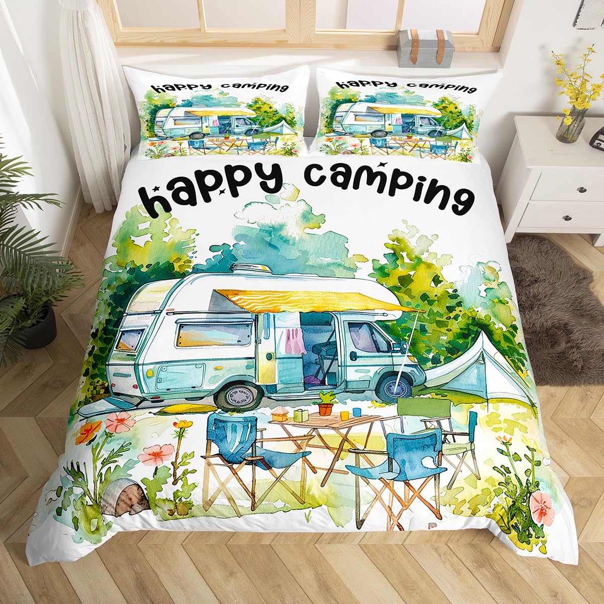 Loussiesd Camper Bedding Duvet Cover Set King Size Kids Happy Camping Bedding Set RV Camping Tree Flower Vinatge Comforter Cover Set for Room Decor Forset Green With 2 Pillow Case