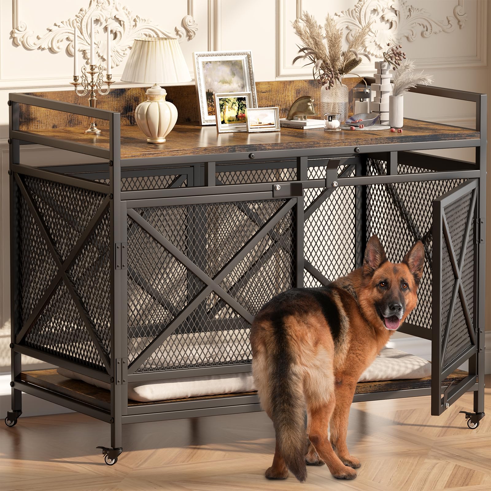 COZPAW Large Dog Crate Furniture, 48 Inch Wooden Dog Kennel for XLarge Dogs, Heavy Duty Dogs Furniture Indoor Wire Dog Cage with Caster Wheels,