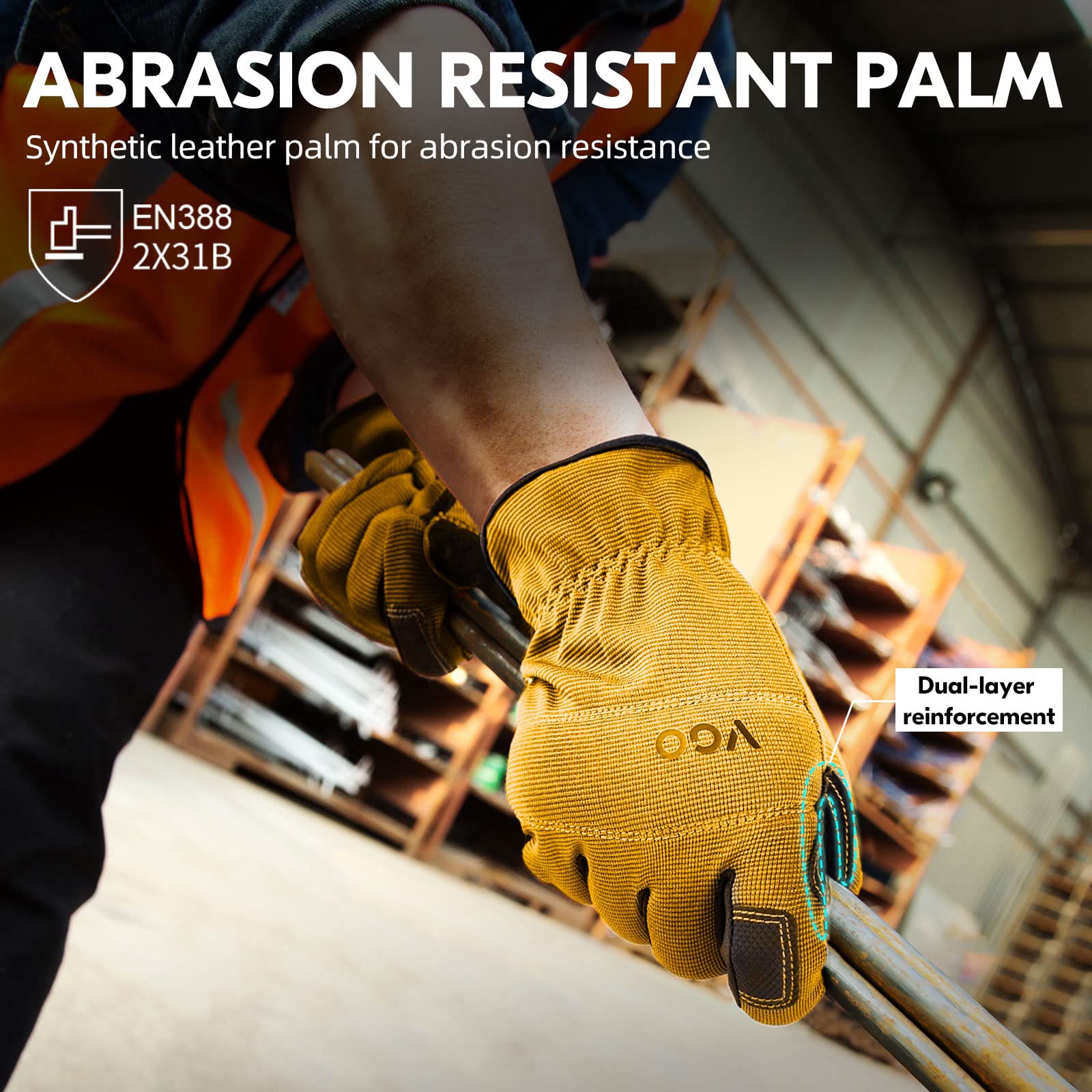 Vgo... Work Gloves Touchscreen Utility, Safety Working Gloves Men for Building Warehouse Delivery 1 pair, Yellow, XXLarge(pack of 1) - Image 2