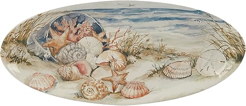 Coastal Landscape - Bandeja de cerámica para peces de 19.5 pulgadas con temática oceánica con conchas marinas, estrellas de mar y escena de playa,