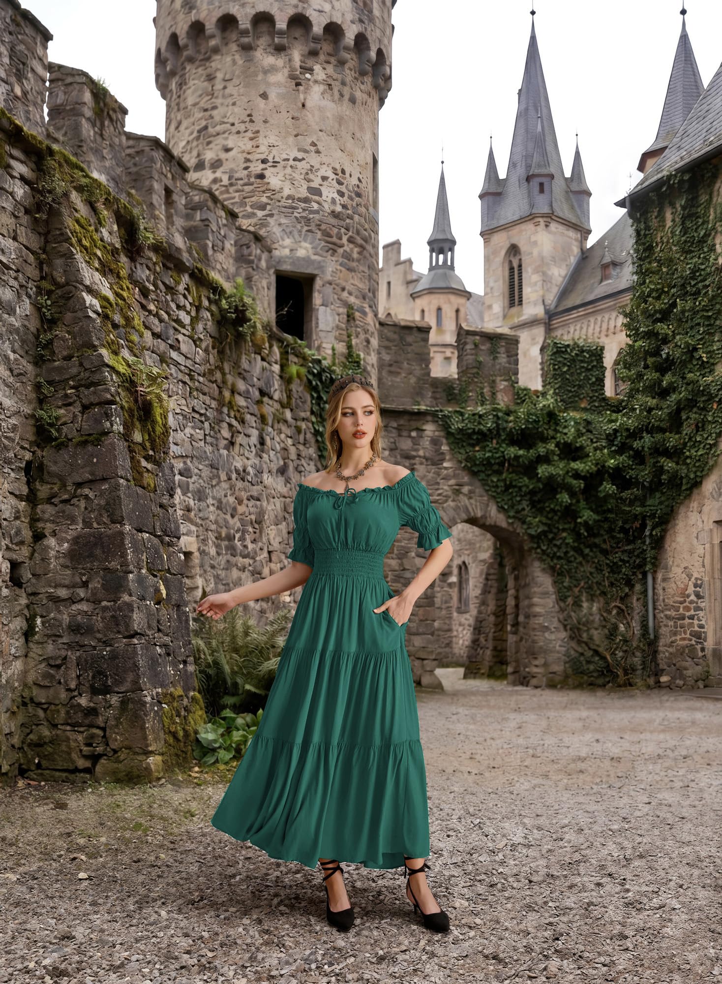 SCARLET DARKNESS Vestito da donna in stile rinascimentale, con spalle scoperte, stile medievale | maniche a sbuffo, vita elasticizzata, linea ad A, con tasche, abbigliamento medievale da donna, costume da pirata