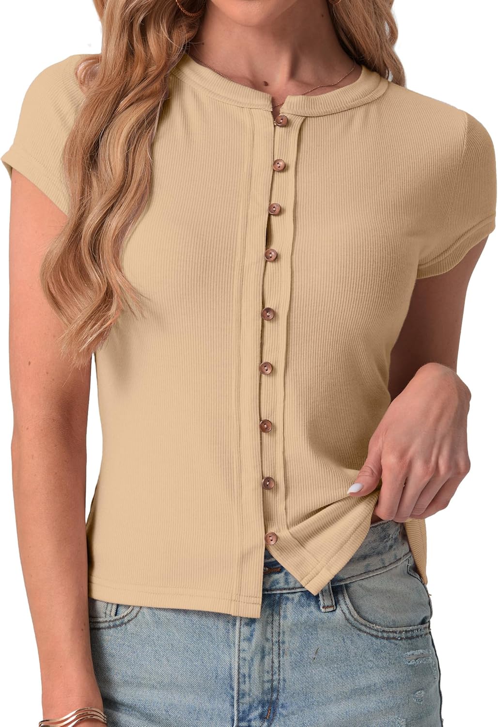 IWOLLENCE Women's Casual Ribbed Knit Short Sleeve Tops Crewneck Button Down Shirt Slim Fit Y2K People Cardigan Tops Apricot, 2XL - Image 5