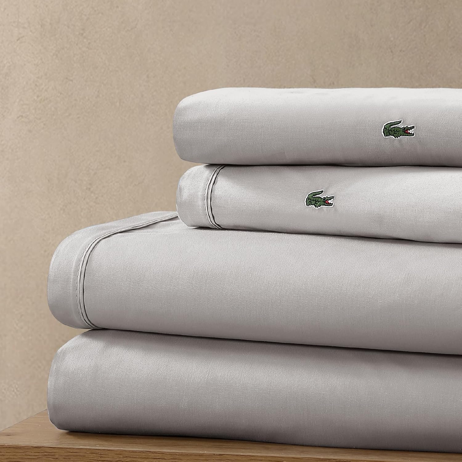 Lacoste 100% Cotton Percale 4-Piece Sheet Set – Crisp Cool Breathable All-Season Bedding, Oeko-Tex Certified, Soft Matte Finish, Durable Premium Cotton – Solid, Sleet, King