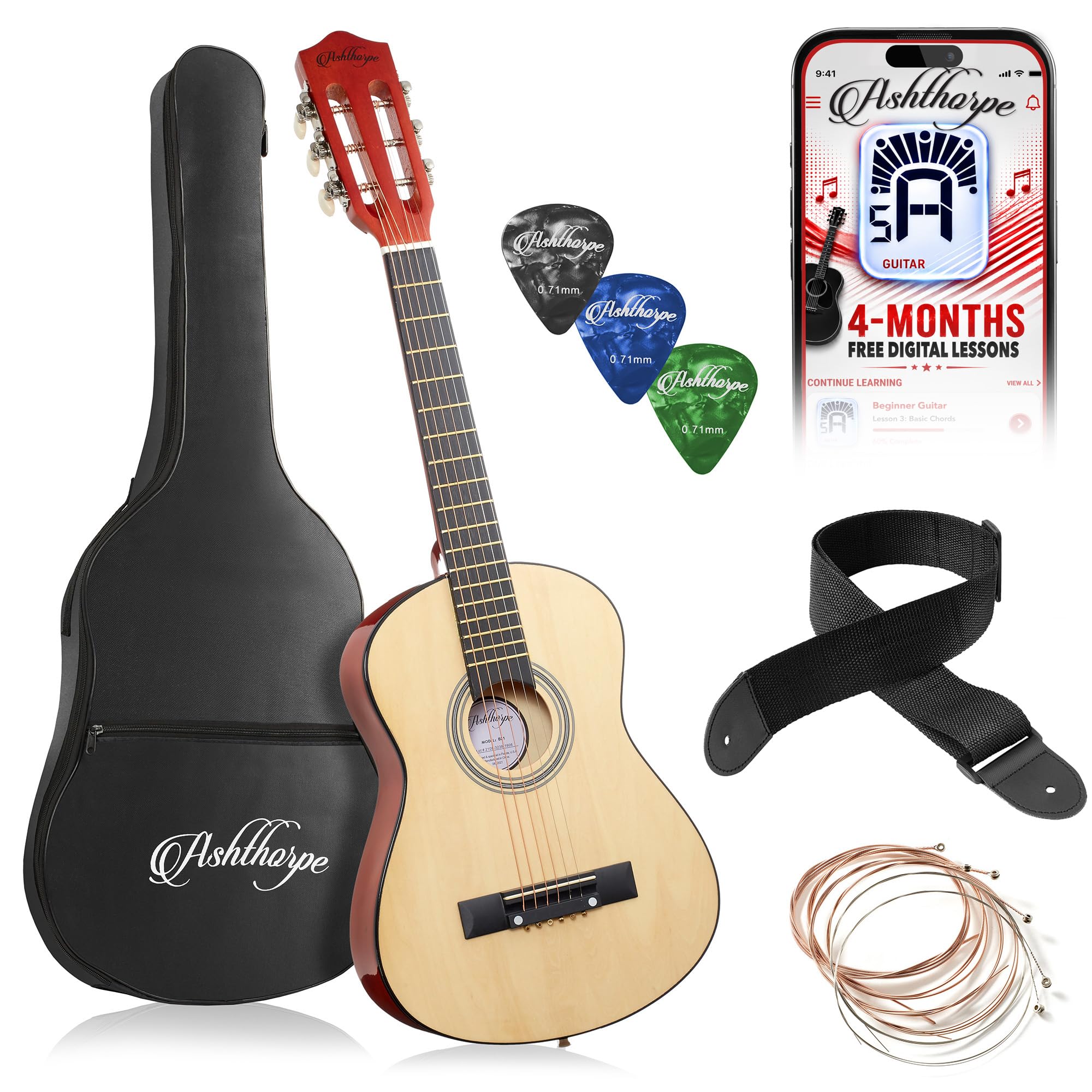 Ashthorpe 30-inch Kids Acoustic Guitar (Natural), Beginner Starter Kit with Gig Bag, Extra Strings, Strap, Picks, and Lessons
