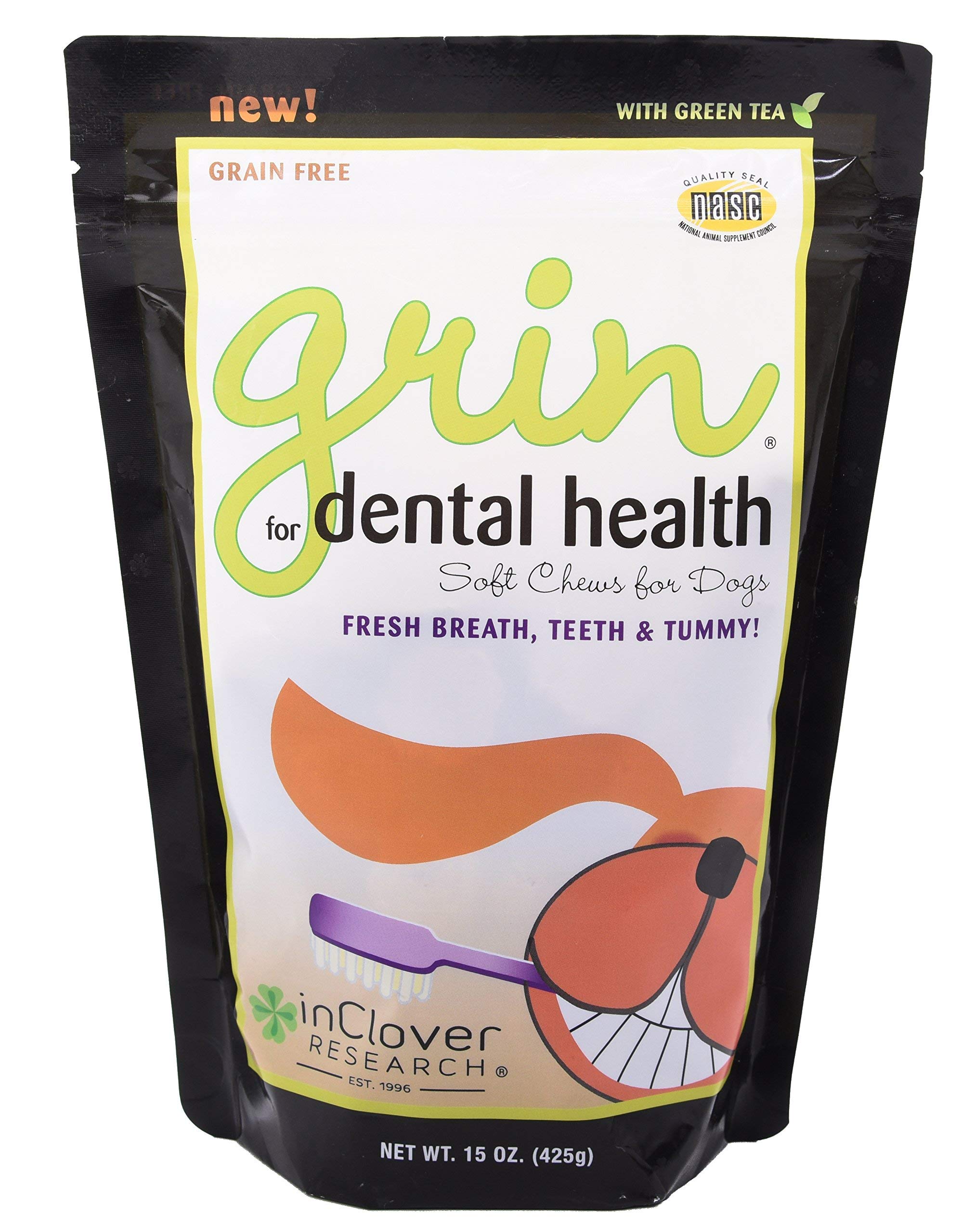 In Clover Natural Dental Treat, Grin, Fresh Breath Dog Chew Treat with Prebiotics, Fresh Breath Tartar Control, Daily Chew Supplement for Dogs